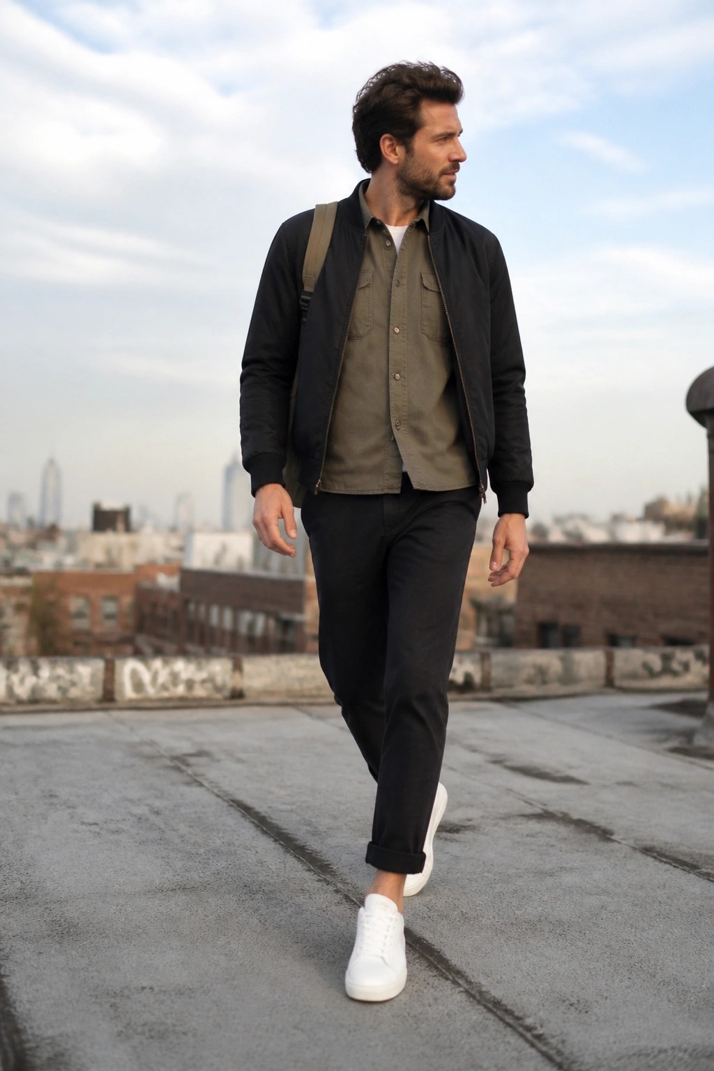 Man in black bomber jacket and white sneakers walking on city rooftop