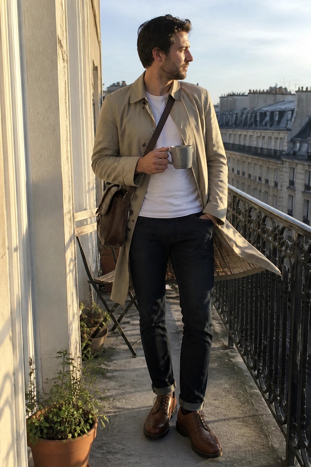 Man in beige coat holding gray mug on city balcony with plants