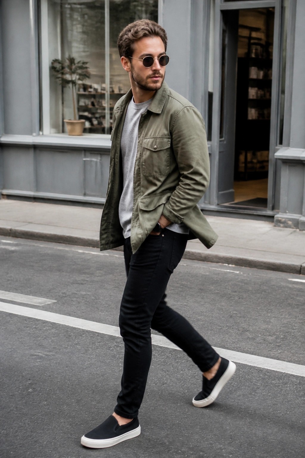 Stylish man in olive jacket and black jeans walking on city street