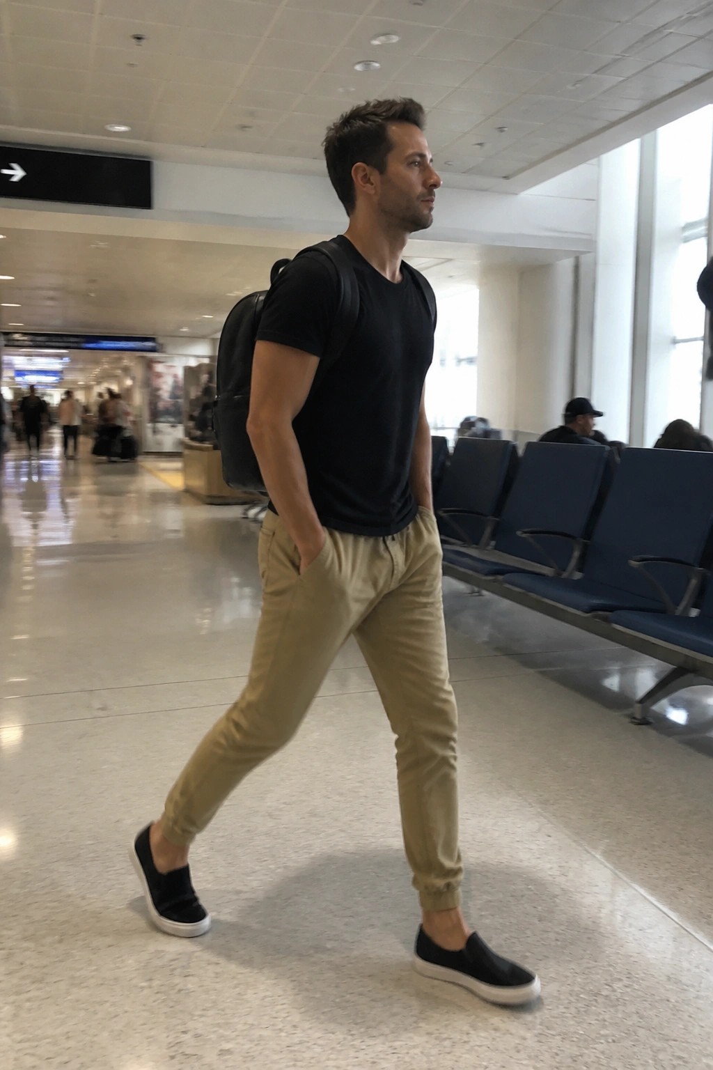 Man in black t-shirt and beige pants with backpack in airport terminal