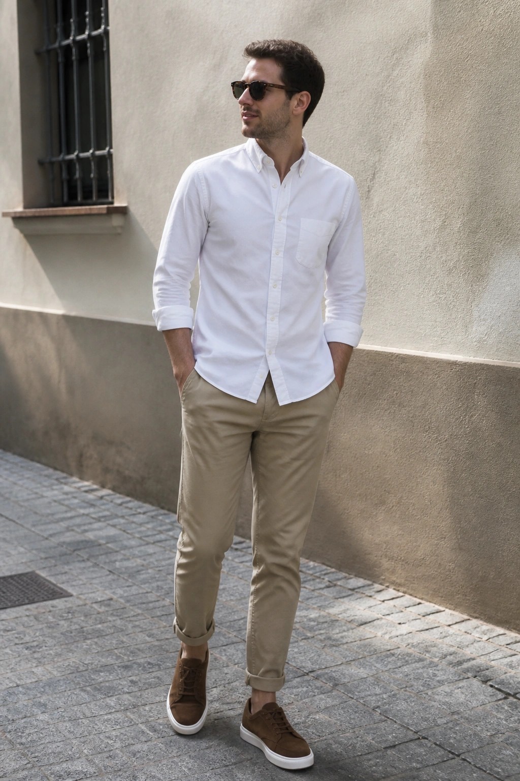 Man in white shirt and khaki pants with hands in pockets on sidewalk
