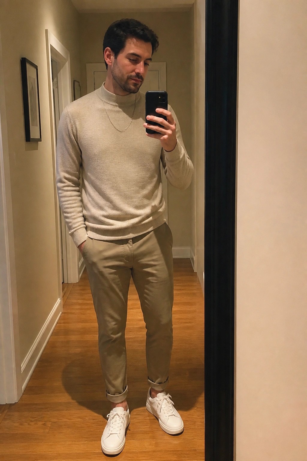 Man in beige turtleneck and pants taking mirror selfie with phone in hallway.
