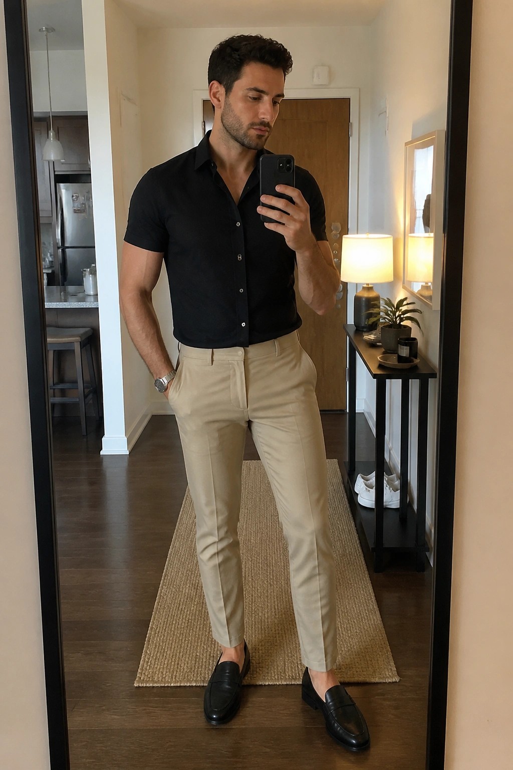 Man in black short-sleeve shirt and beige pants taking mirror selfie