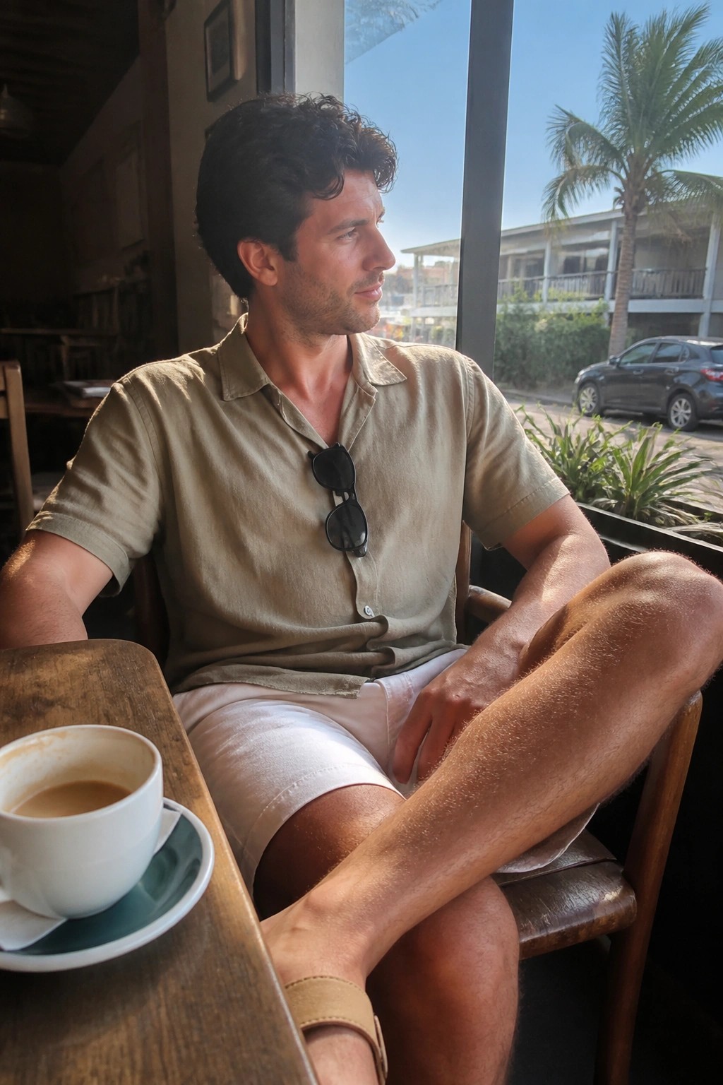 Man in beige shirt with sunglasses sits cross-legged by window with coffee