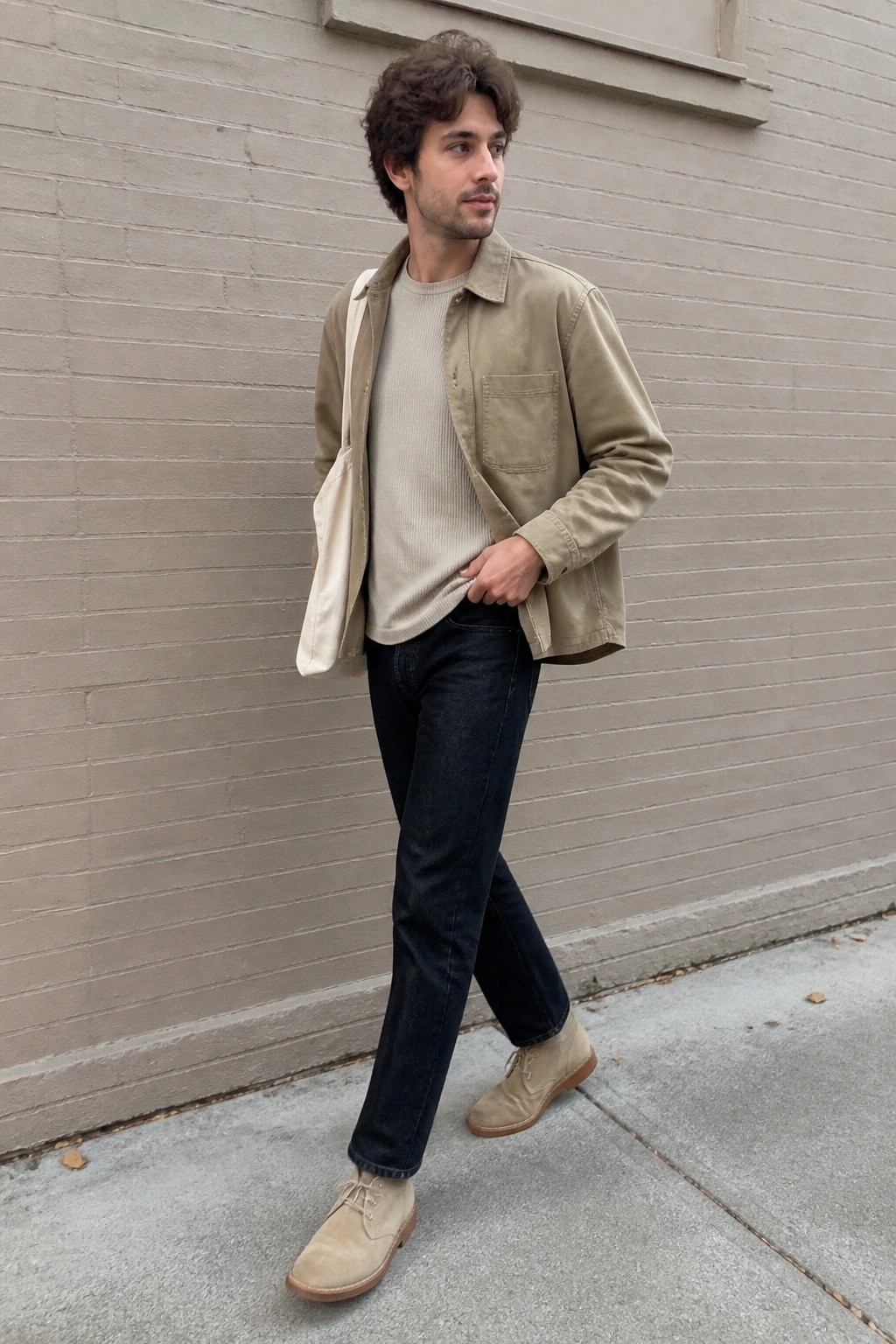 Man in beige jacket and sweater with dark jeans, suede boots, and tote bag by brick wall