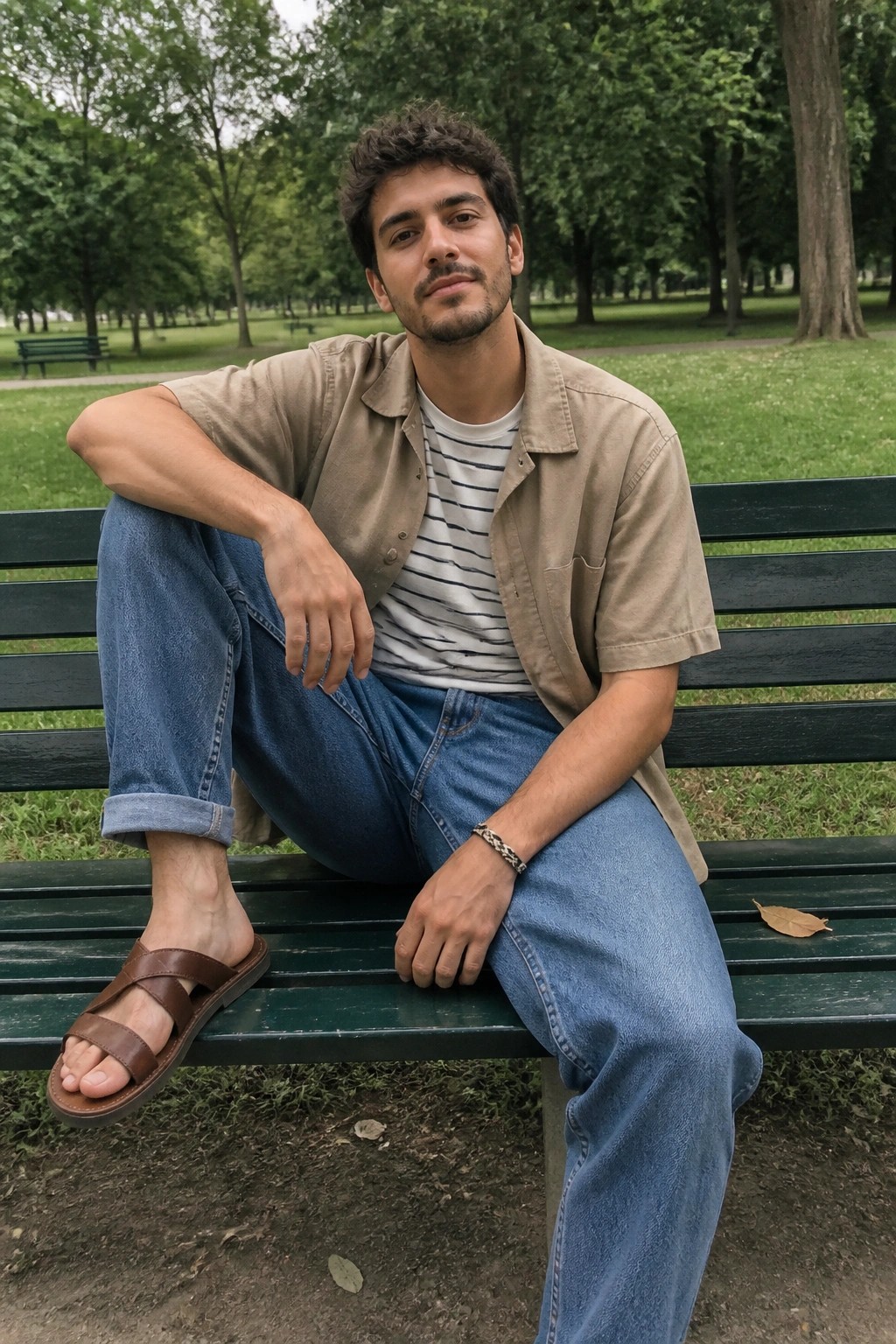 Curly-haired man in beige shirt and jeans sits casually on green park bench