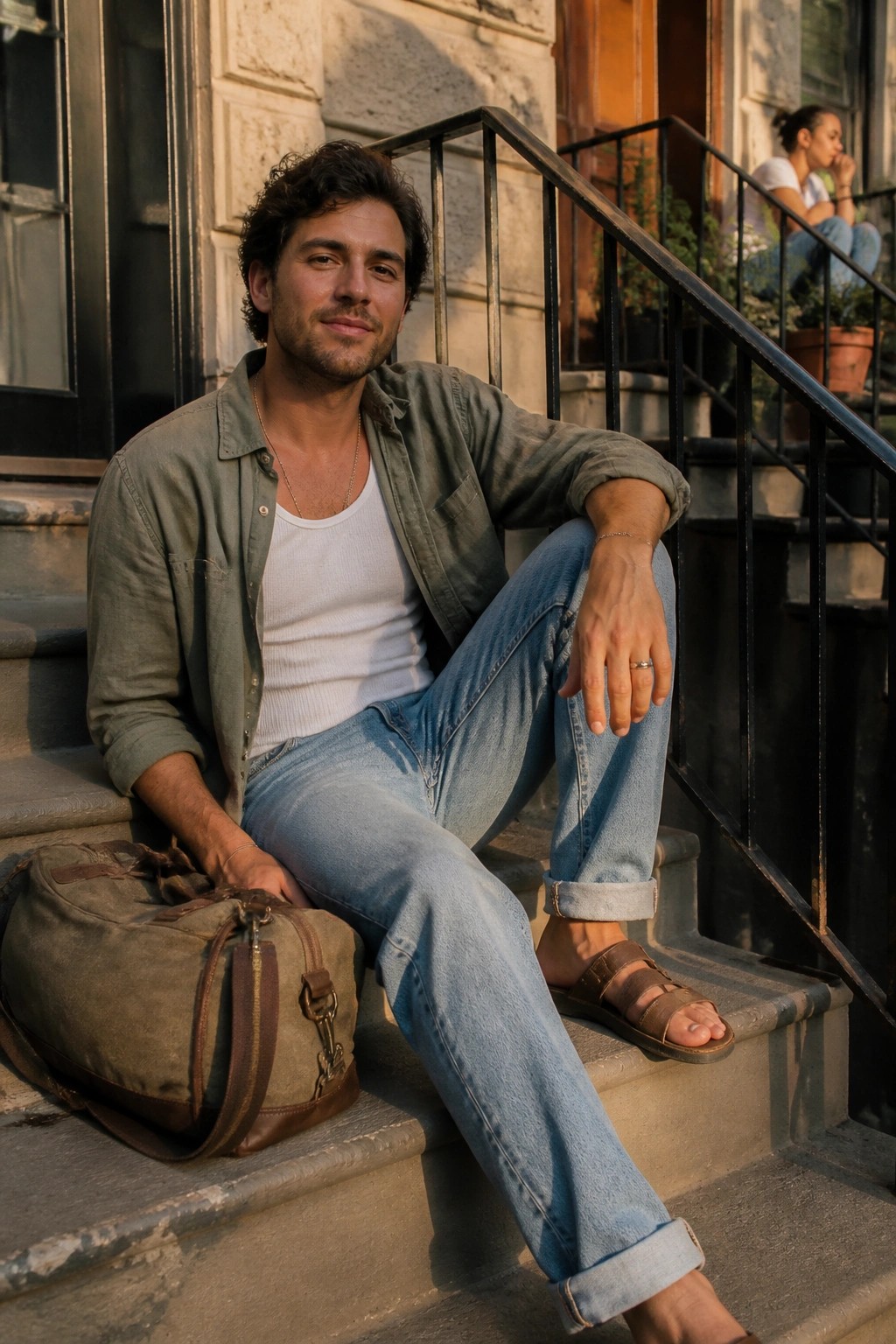 Man in green shirt and jeans sits on steps beside canvas duffel bag
