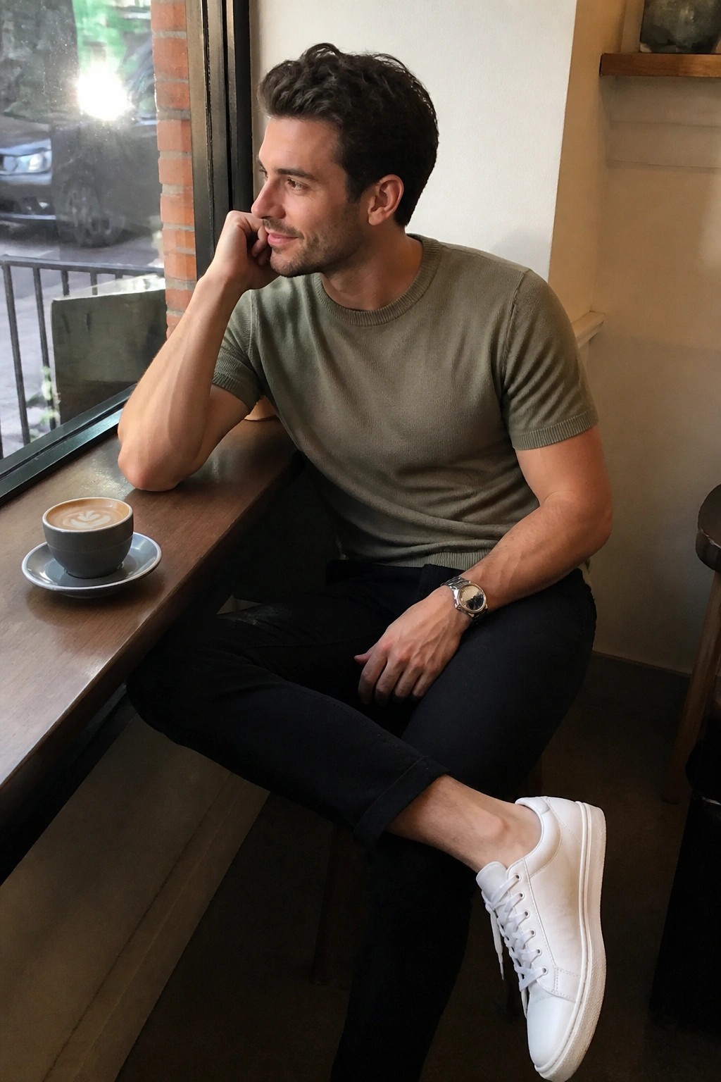 Man in green sweater sits by cafe window with coffee, wearing white sneakers.