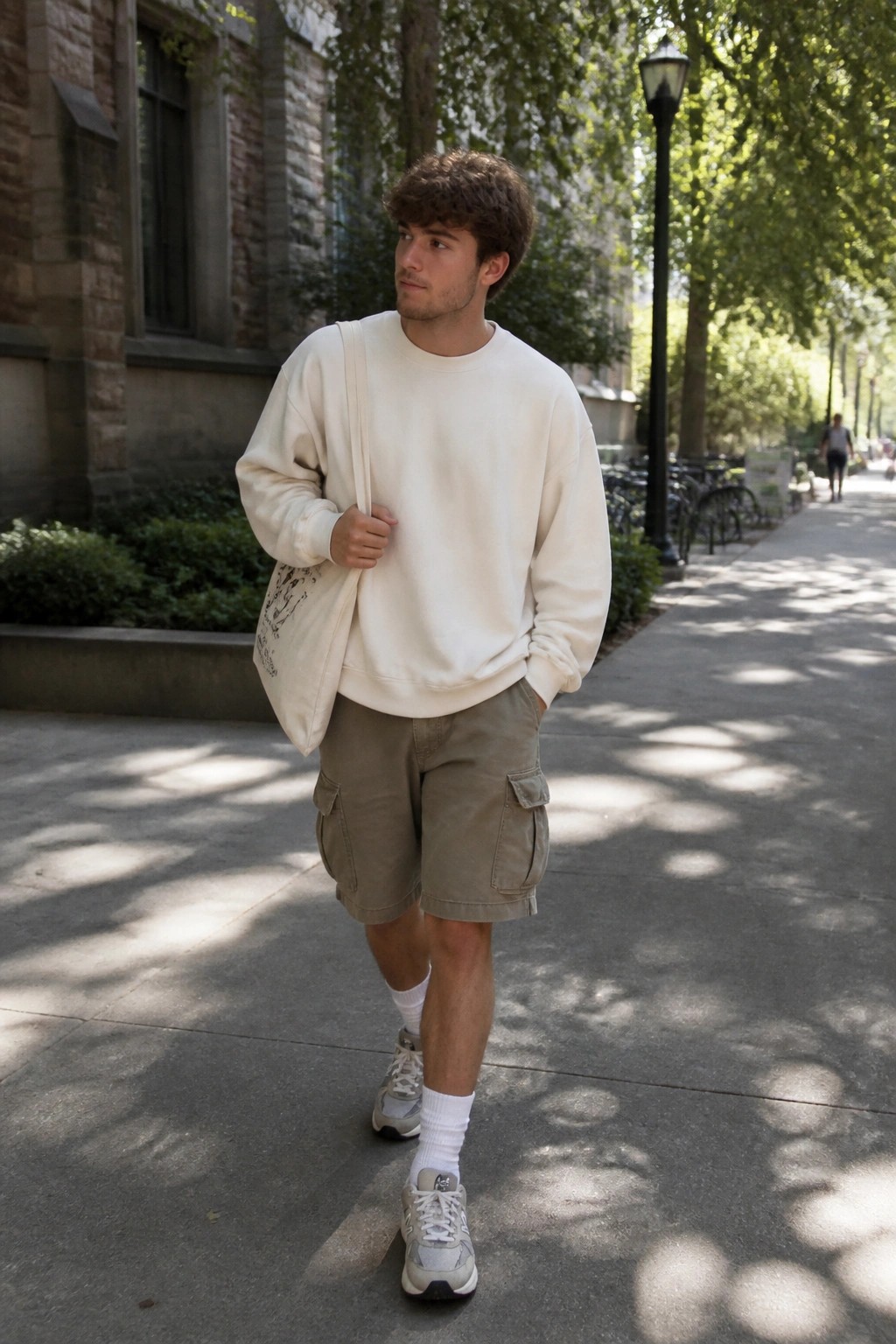 Young man in cream sweatshirt and cargo shorts carrying tote bag on path.