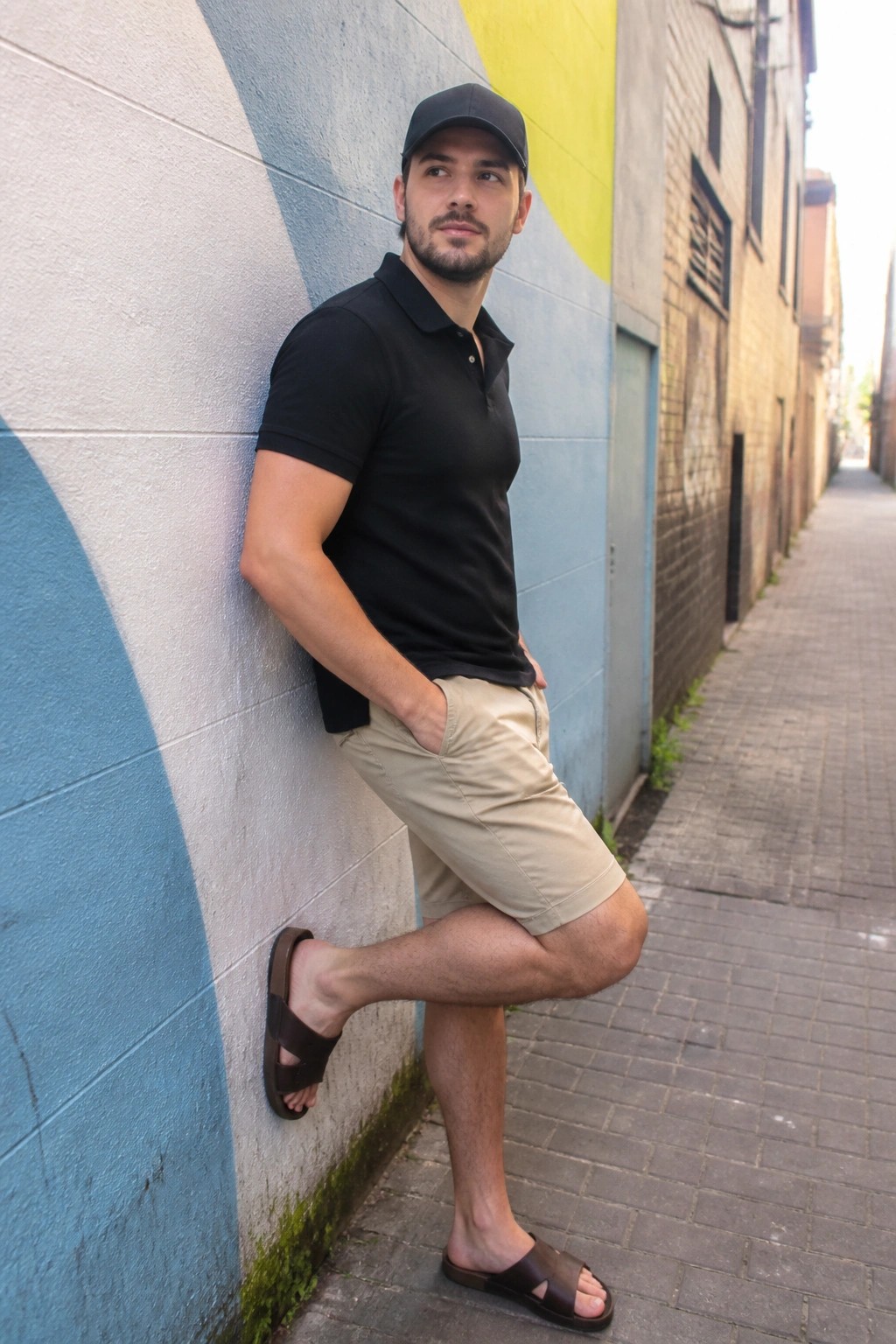 Man leaning against wall wearing black polo shirt, khaki shorts, brown slide sandals, and black cap in minimalist neutral style.