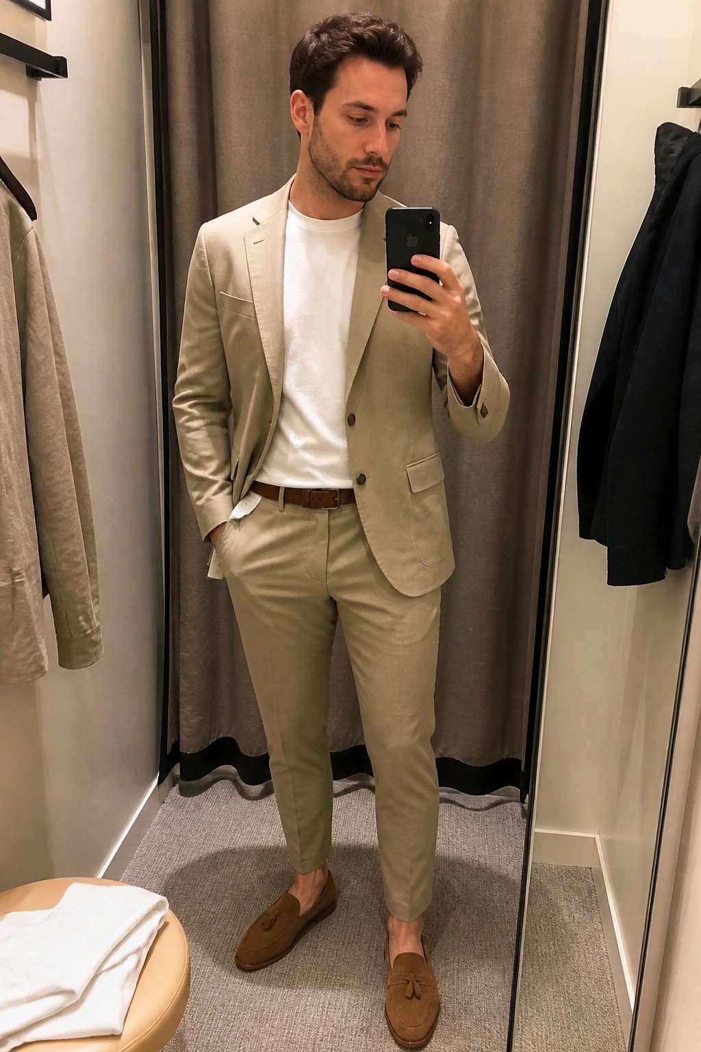 Man in beige suit taking mirror selfie in fitting room wearing brown loafers.