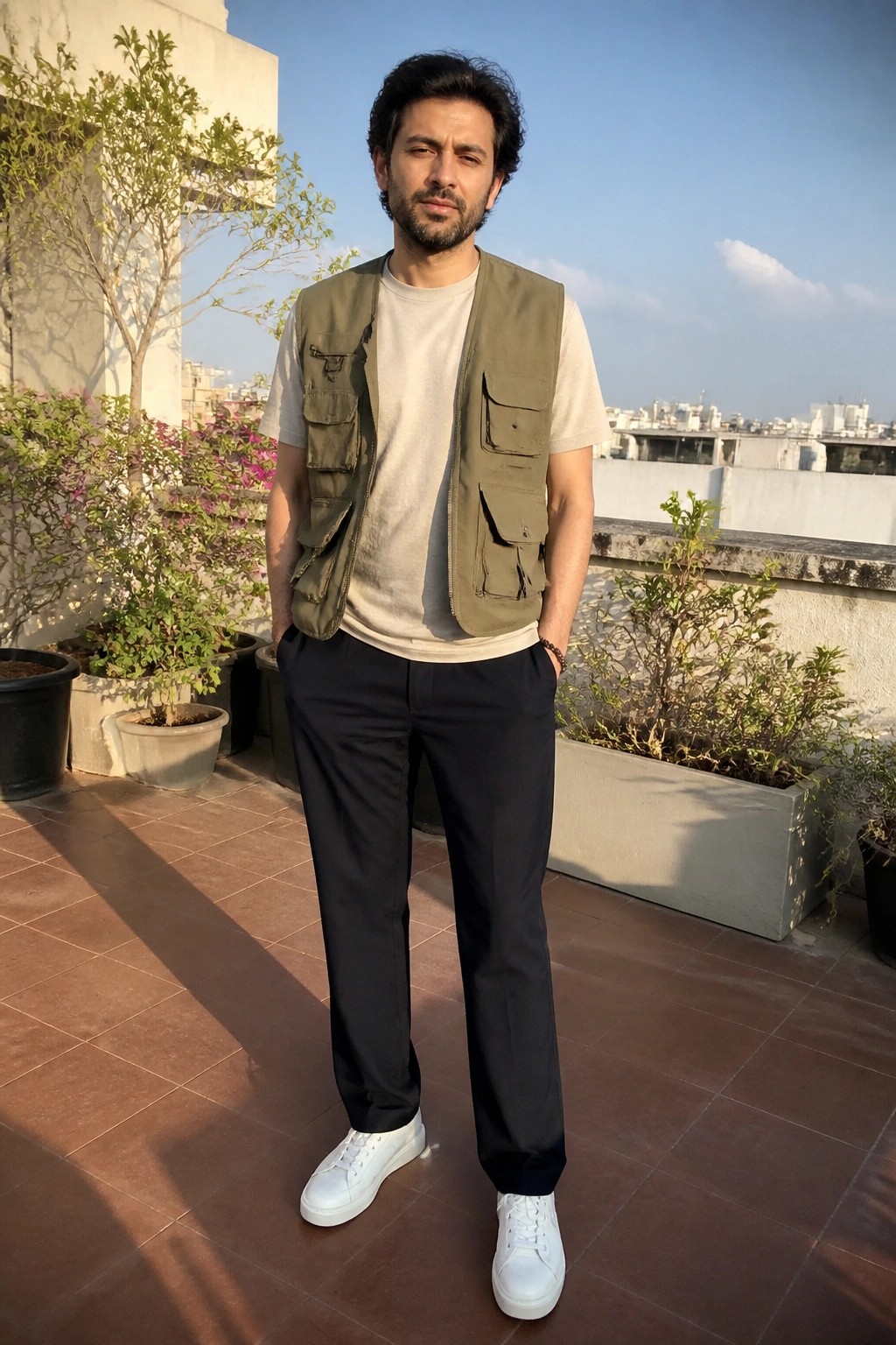Man in olive vest over beige tee with black pants and white sneakers on rooftop