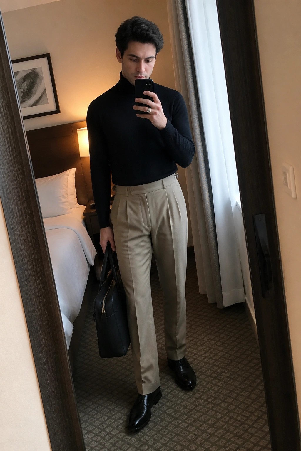 Man in black turtleneck and beige pleated trousers taking mirror selfie in hotel room
