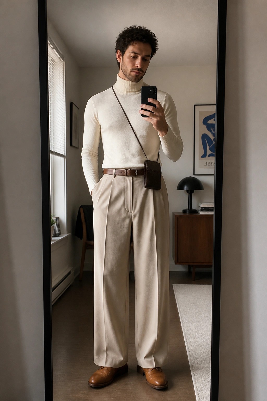 Man in cream turtleneck and beige trousers taking mirror selfie with phone.