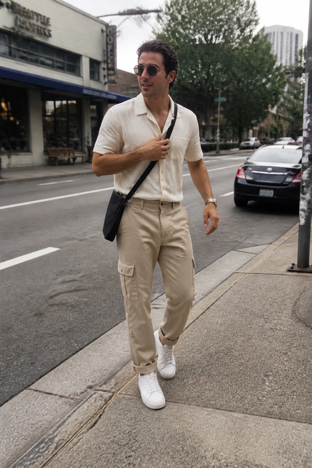 Man in cream shirt and beige cargo pants walking city sidewalk with black bag