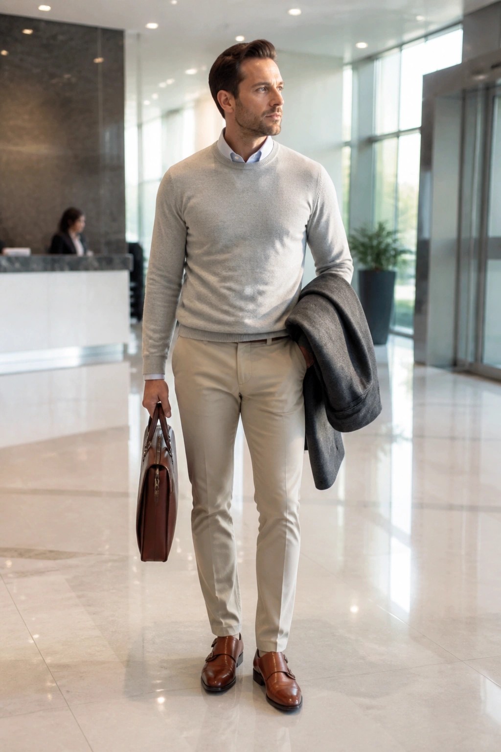 Man in gray sweater and beige pants holds briefcase with coat over arm in lobby