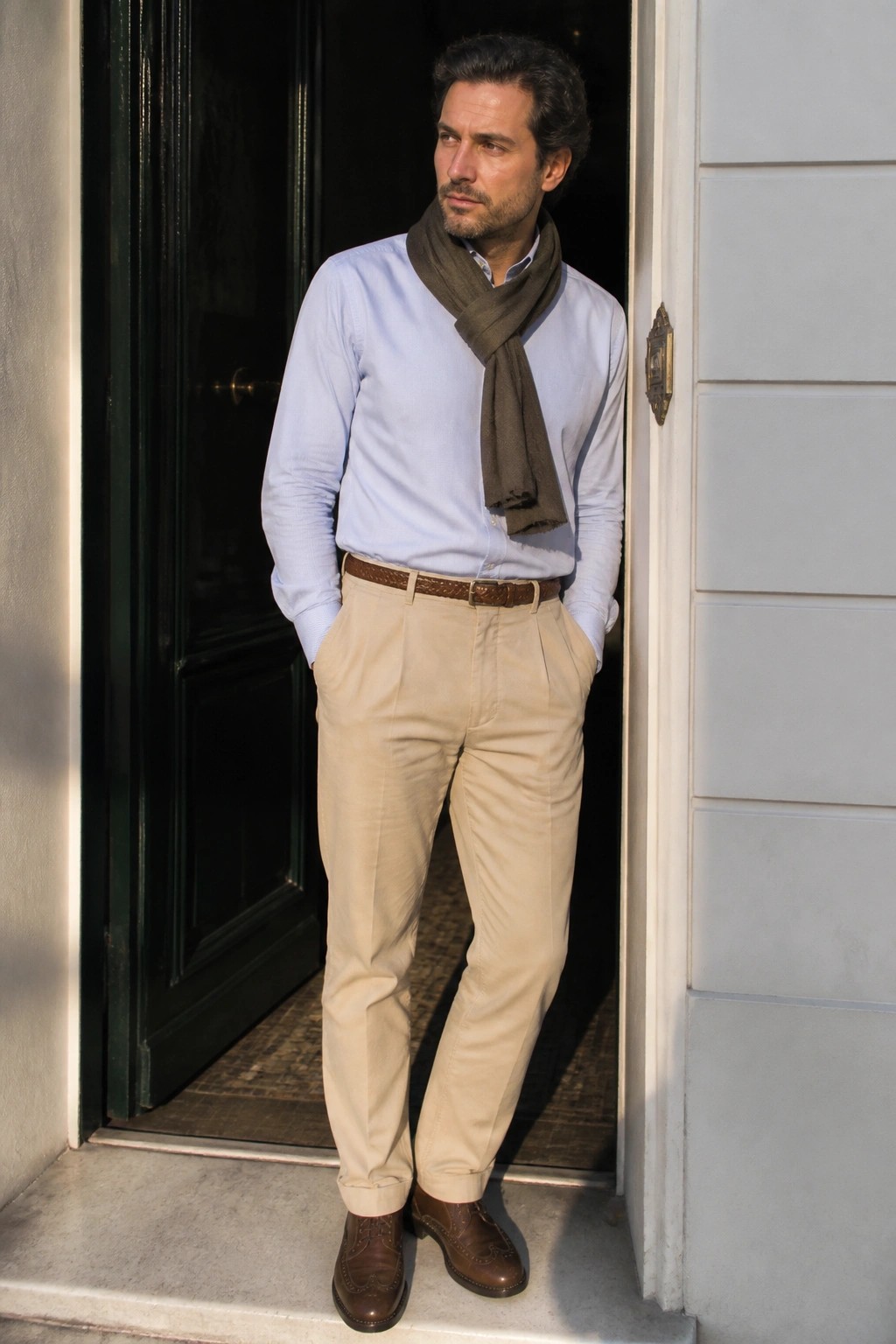 Man in blue sweater, green scarf, and beige pants standing in doorway