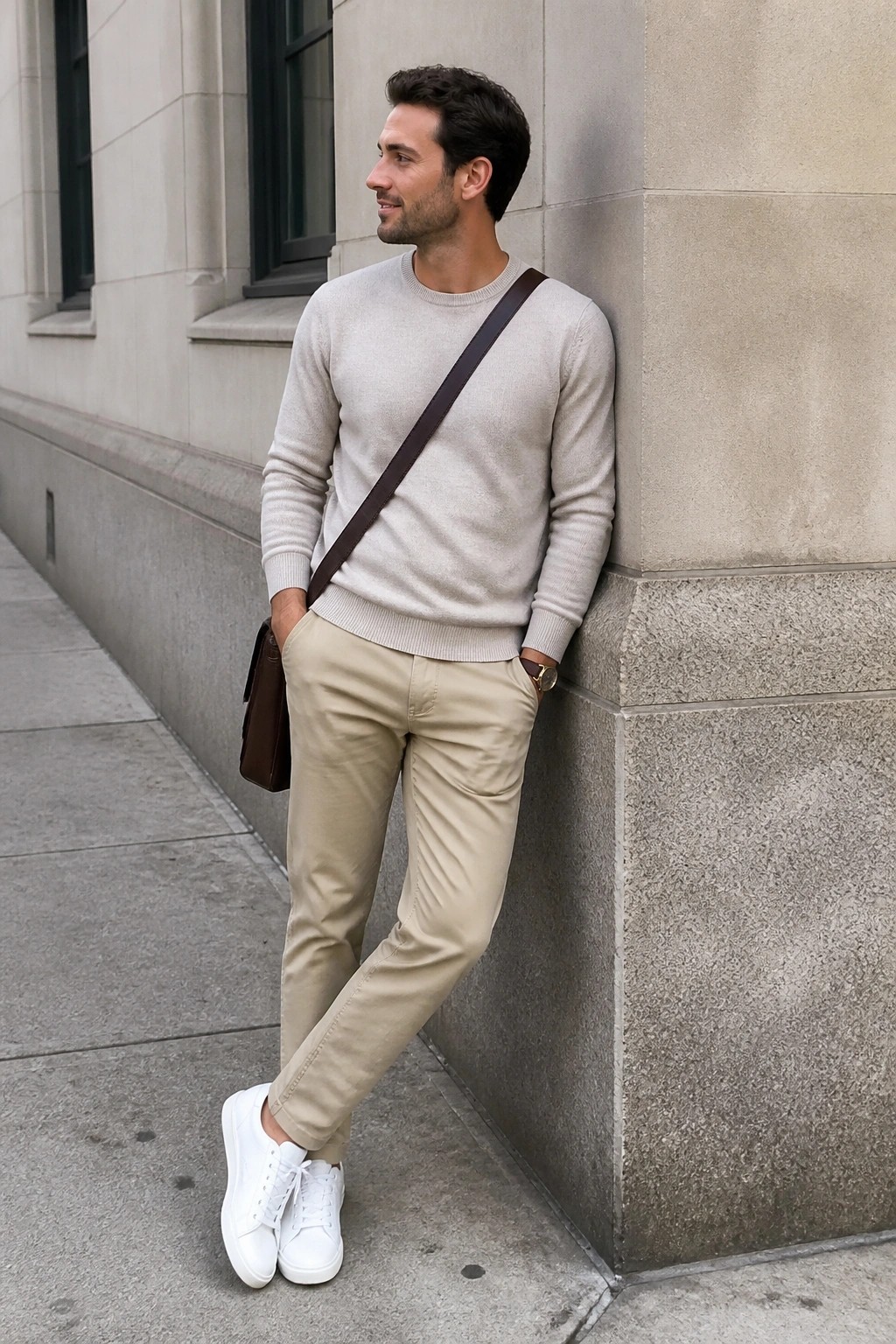 Man in beige sweater and pants leaning on stone wall with brown bag