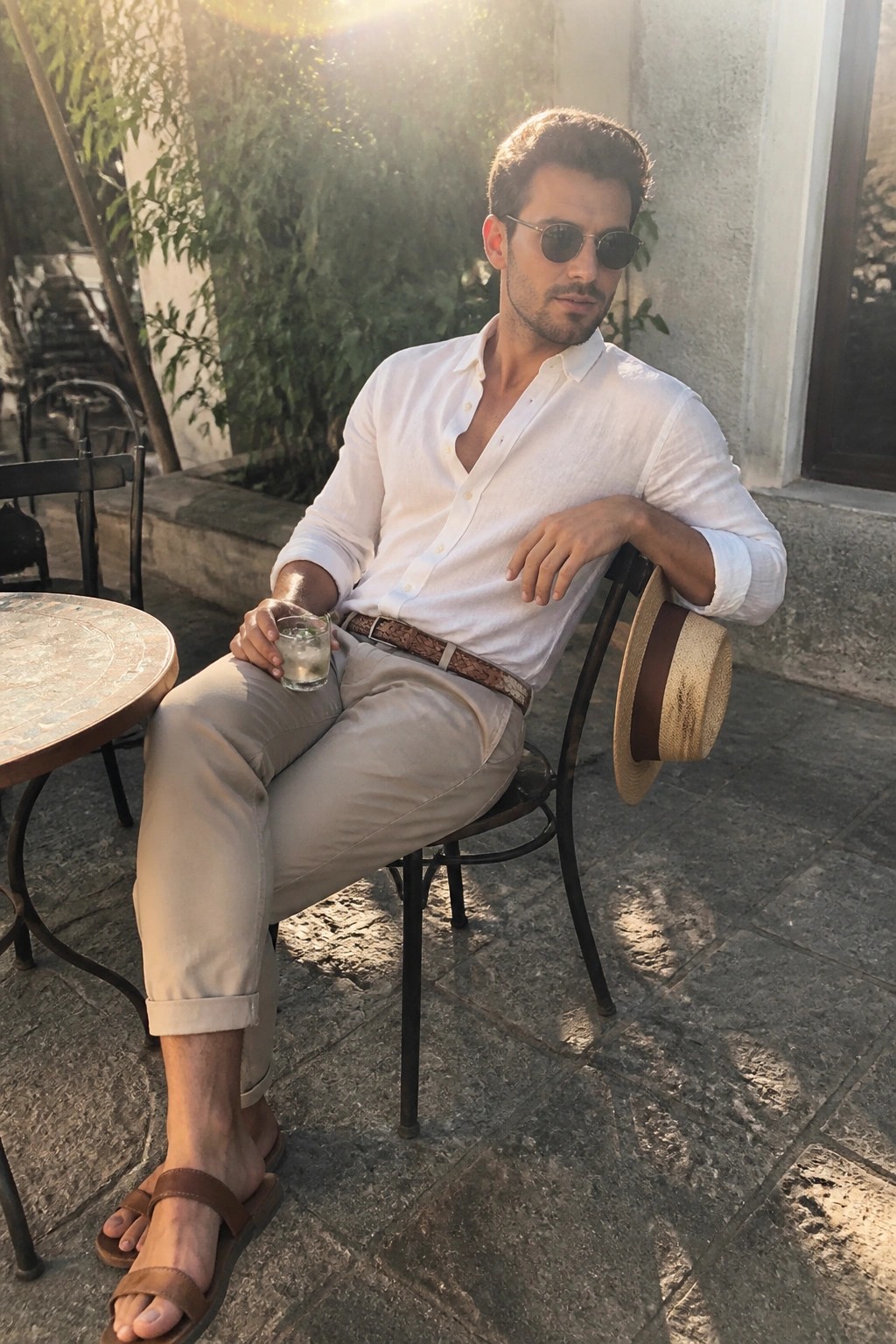 Man in white shirt and beige pants sits on sunny patio holding drink beside hat