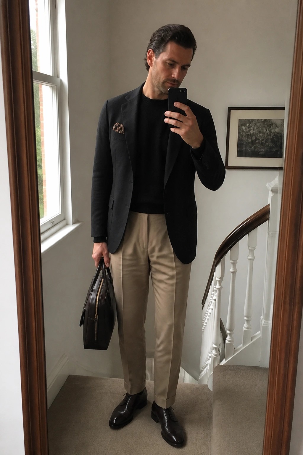 Man wearing black blazer over black sweater with beige tailored pants, dark brown leather shoes, and holding a brown leather bag while taking a mirror selfie.