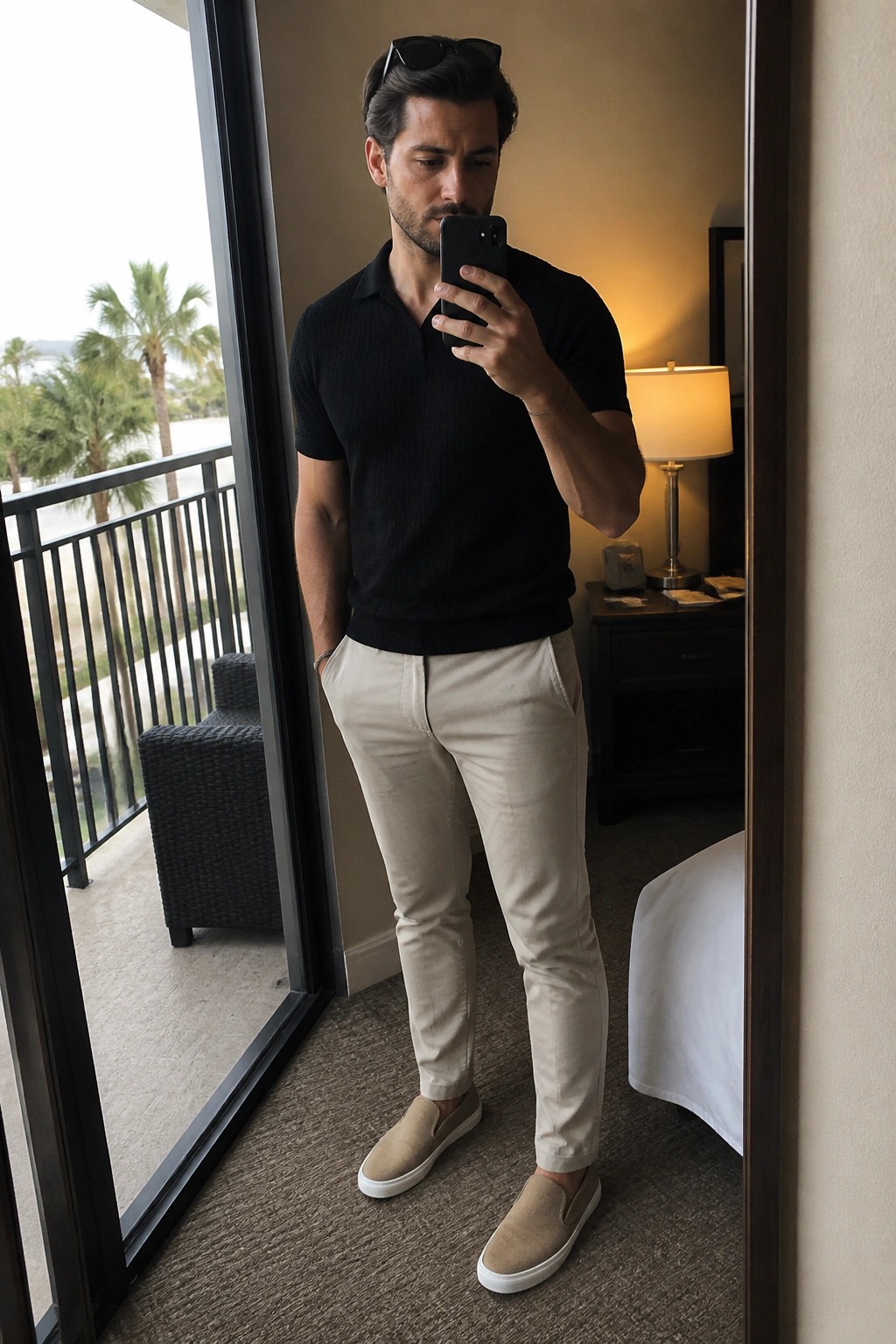 Man in black short sleeve knit polo, beige slim pants and matching suede slip on shoes taking a mirror selfie in a hotel room.