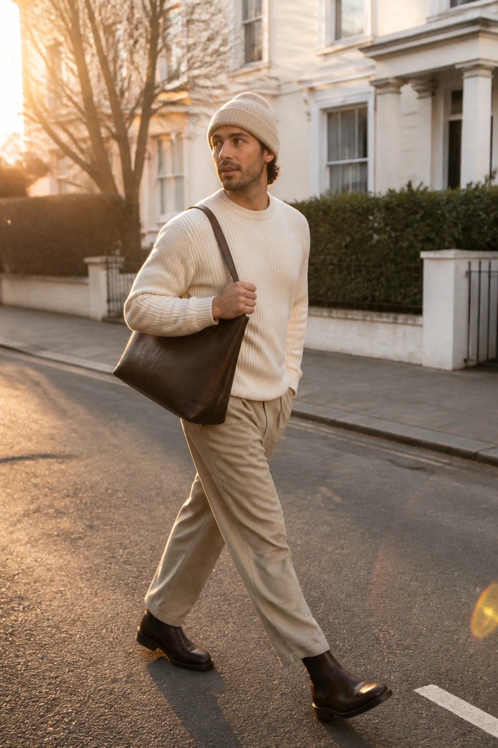 Man in cream sweater and beanie carrying brown leather bag on sunny street