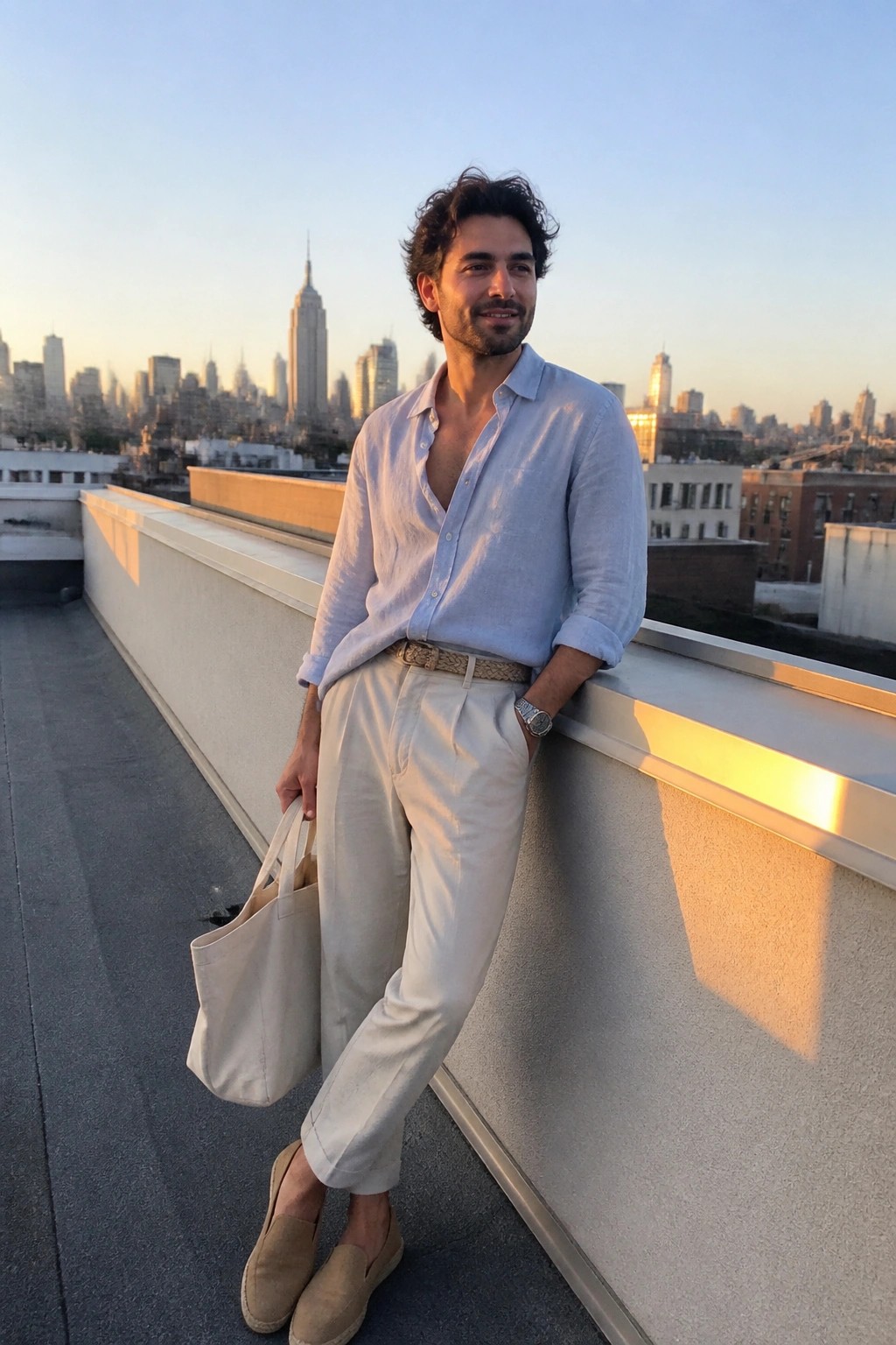 Man in light blue shirt and beige pants holding tote on rooftop with skyline