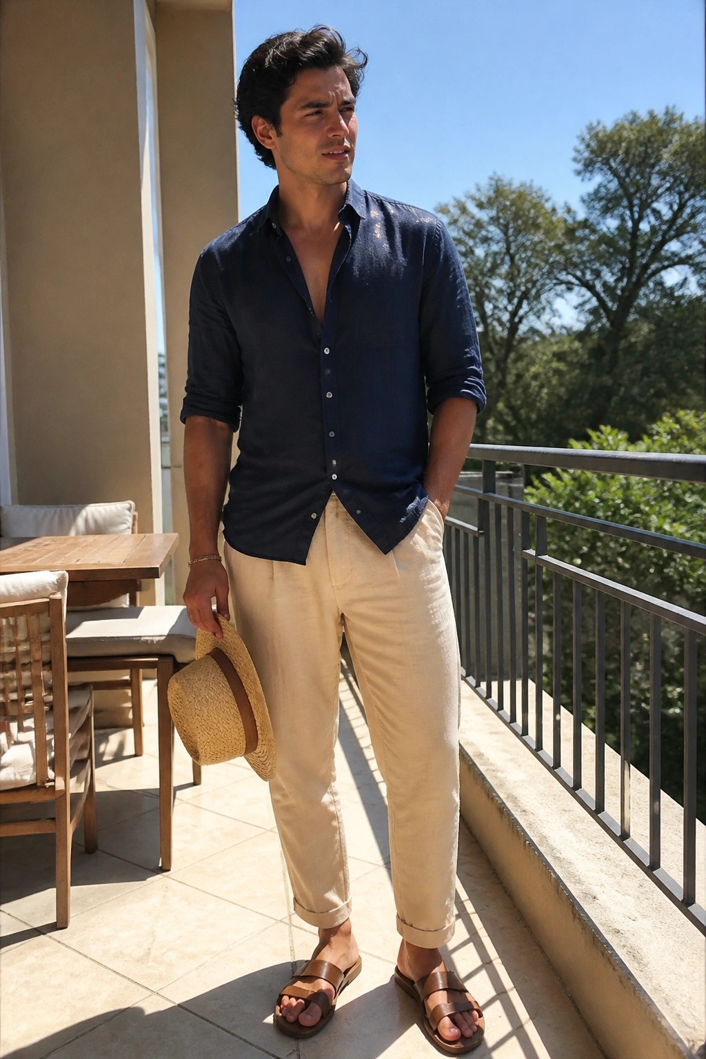 Man in navy shirt and beige pants holding straw hat on sunny balcony