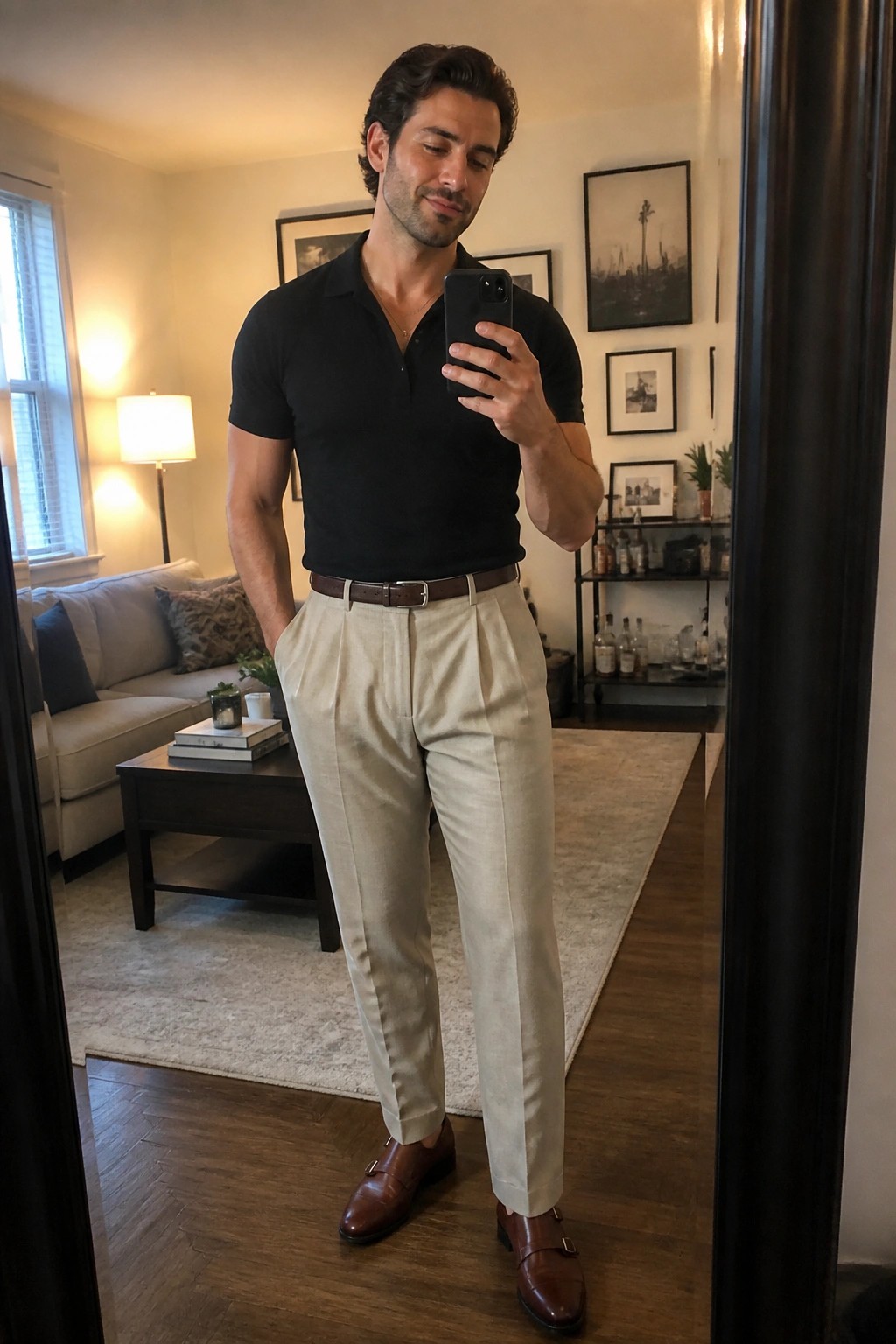 Man in black polo and beige trousers taking mirror selfie in living room