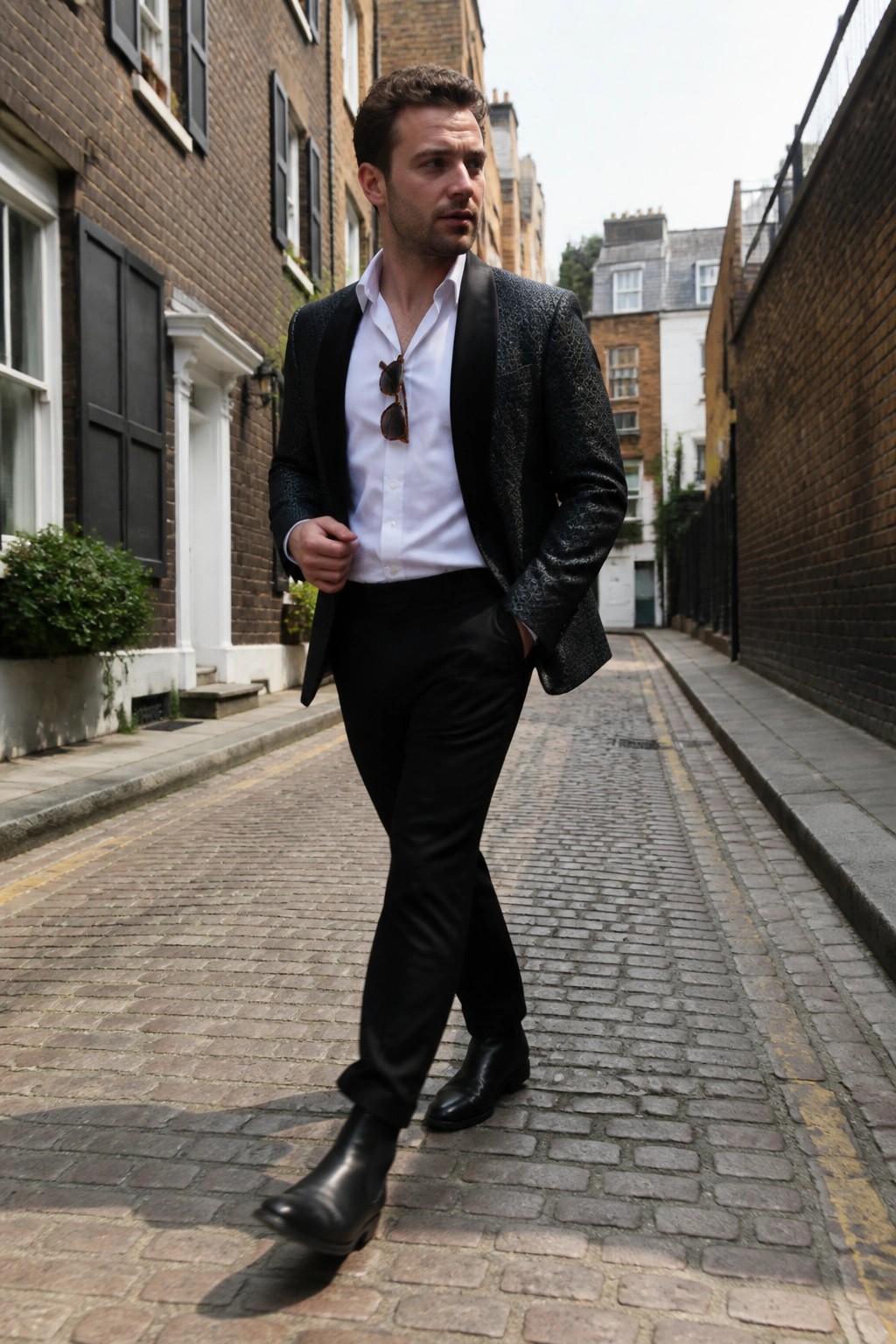 Man in patterned black blazer and white shirt walks cobblestone alley between brick buildings