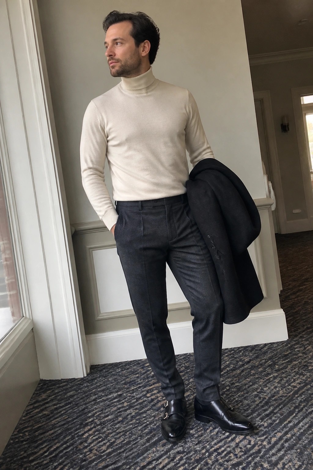 Man in cream turtleneck, gray trousers, and black monk shoes holding coat.