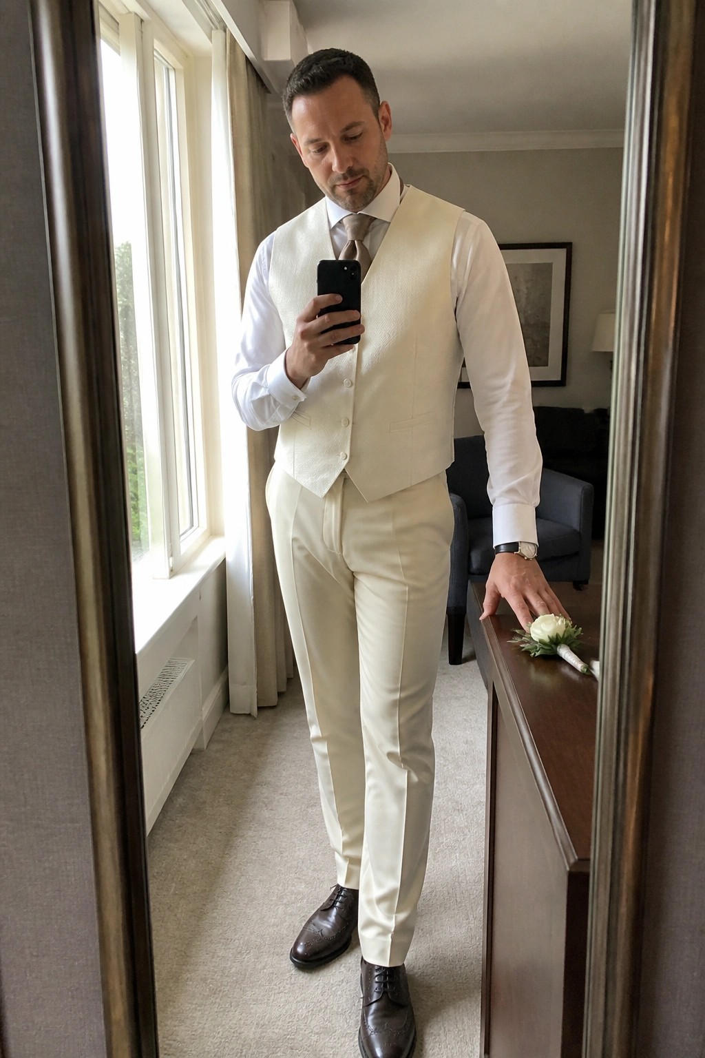 Man in white three-piece suit takes mirror selfie beside boutonniere.