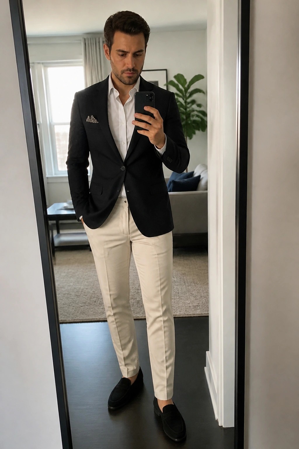 Man wearing black blazer over white shirt with cream trousers and black loafers holding a phone in mirror selfie.