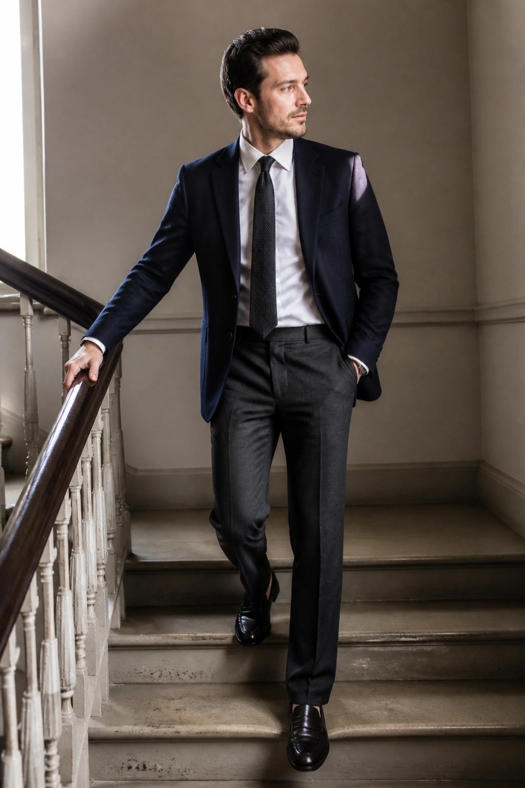 Man in navy suit and tie on staircase with hand on railing.