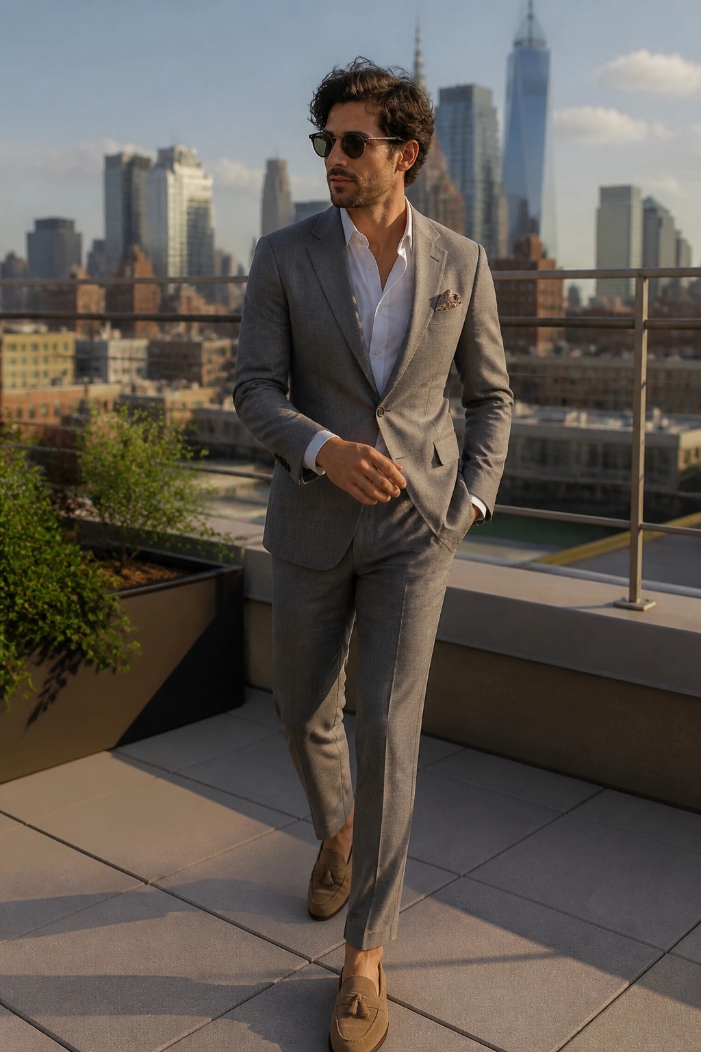 Man in gray suit and sunglasses on rooftop overlooking New York skyline