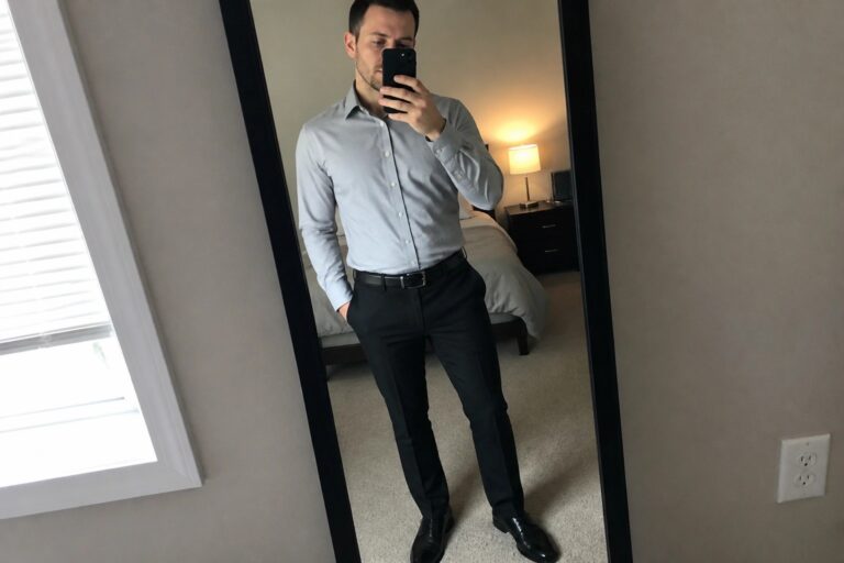 Man in light grey button down shirt tucked into black formal pants with black belt and black dress shoes taking a mirror selfie in a bedroom setting.