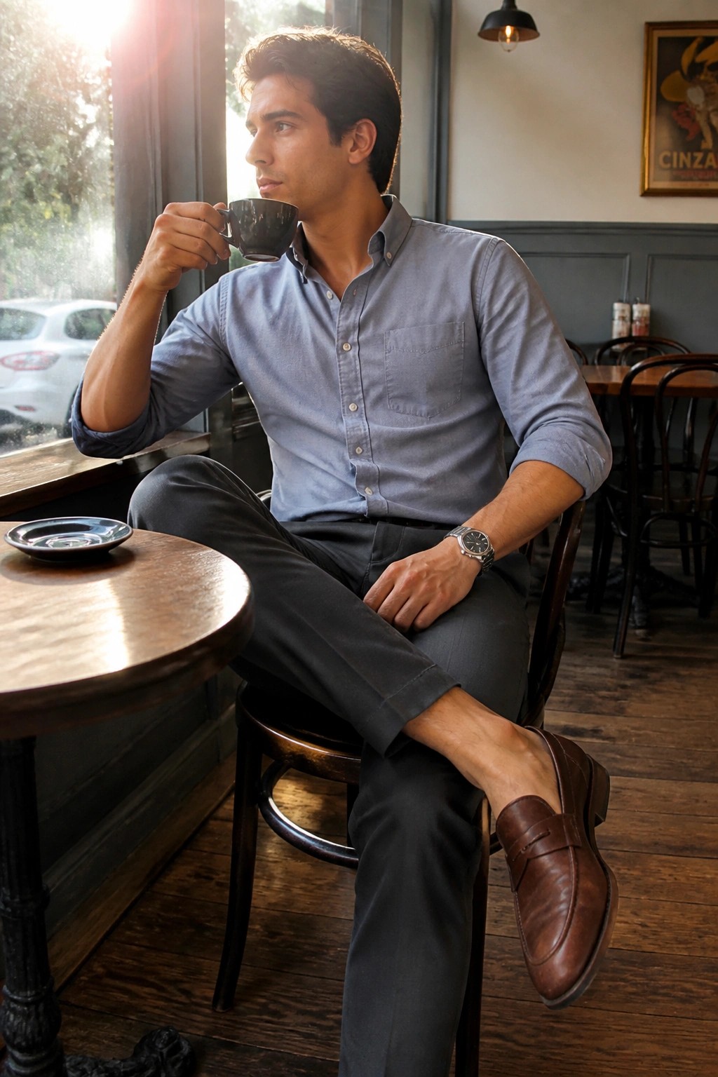 Man in blue shirt sipping coffee with legs crossed in sunlit cafe