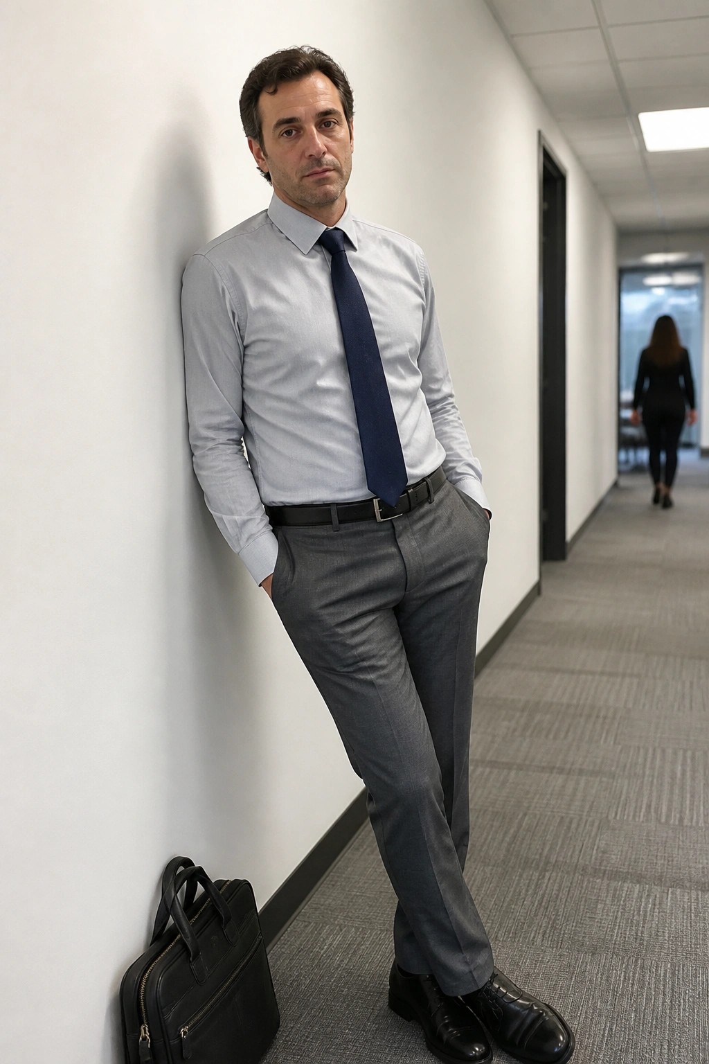 Man in blue shirt and gray pants leans in office hallway beside briefcase