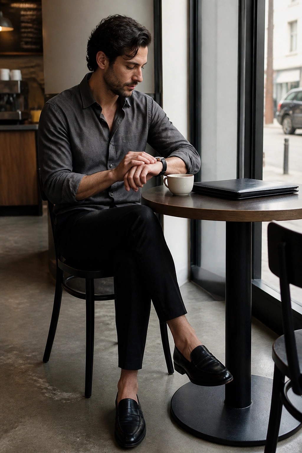 Man wearing a grey button down shirt tucked into black formal pants with black loafers and a wristwatch seated at a cafe table.