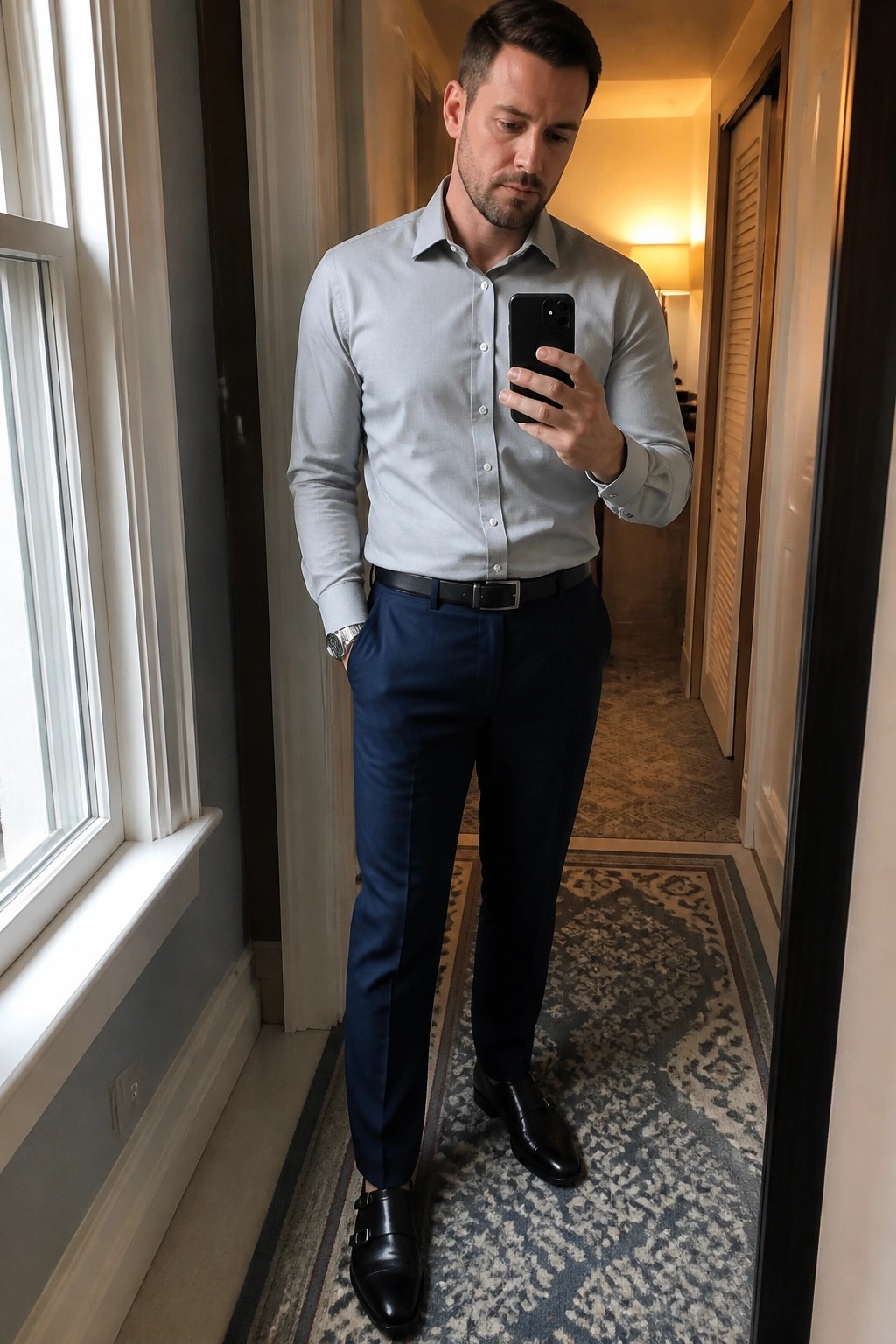 Man wearing light grey button-down shirt tucked into navy formal pants with black belt and black double monk strap shoes while holding a phone.