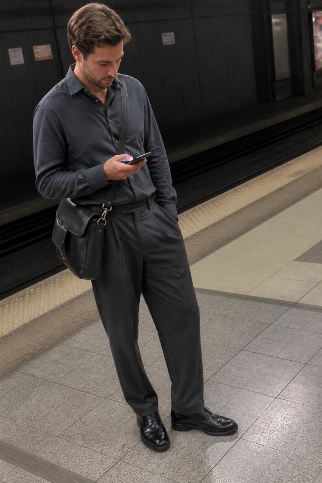 Man in gray shirt with black bag checking phone on subway platform.