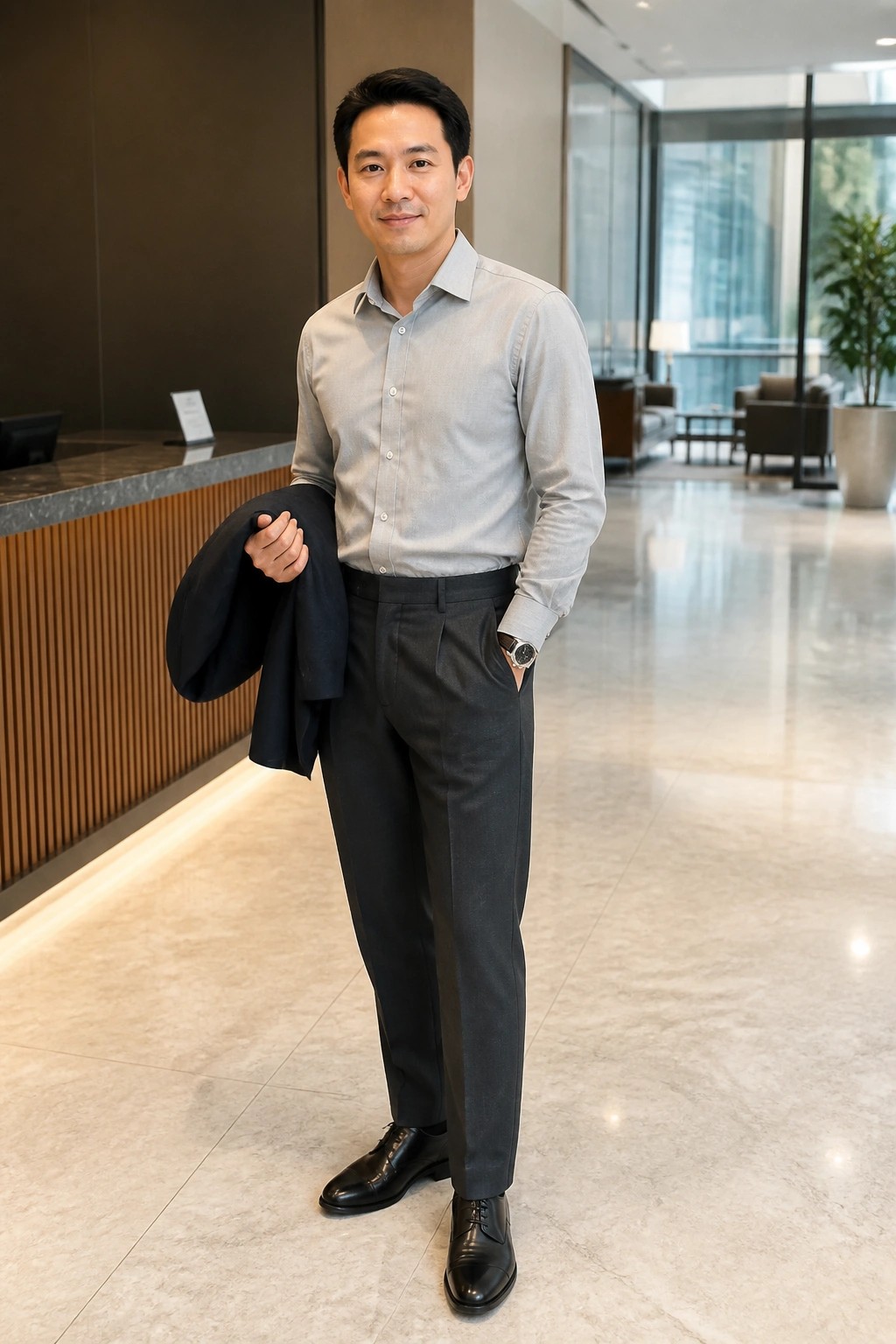 Man in light gray shirt and dark pants holding black jacket in modern lobby