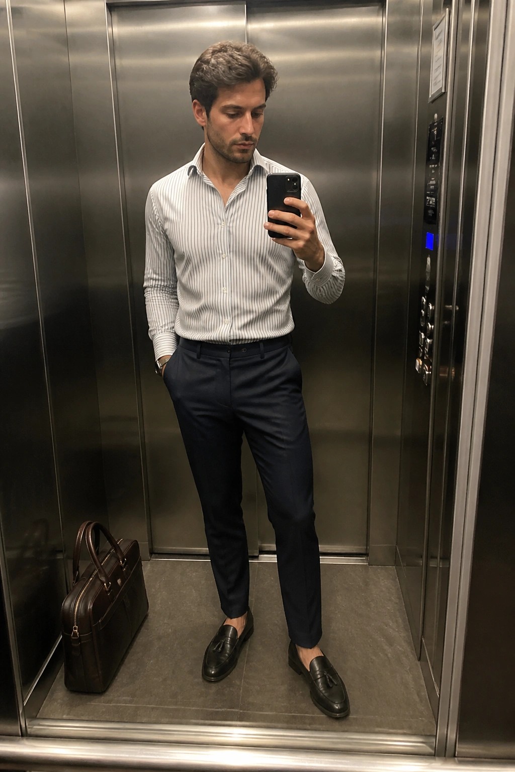 Man in striped shirt and navy pants taking selfie in elevator beside brown bag