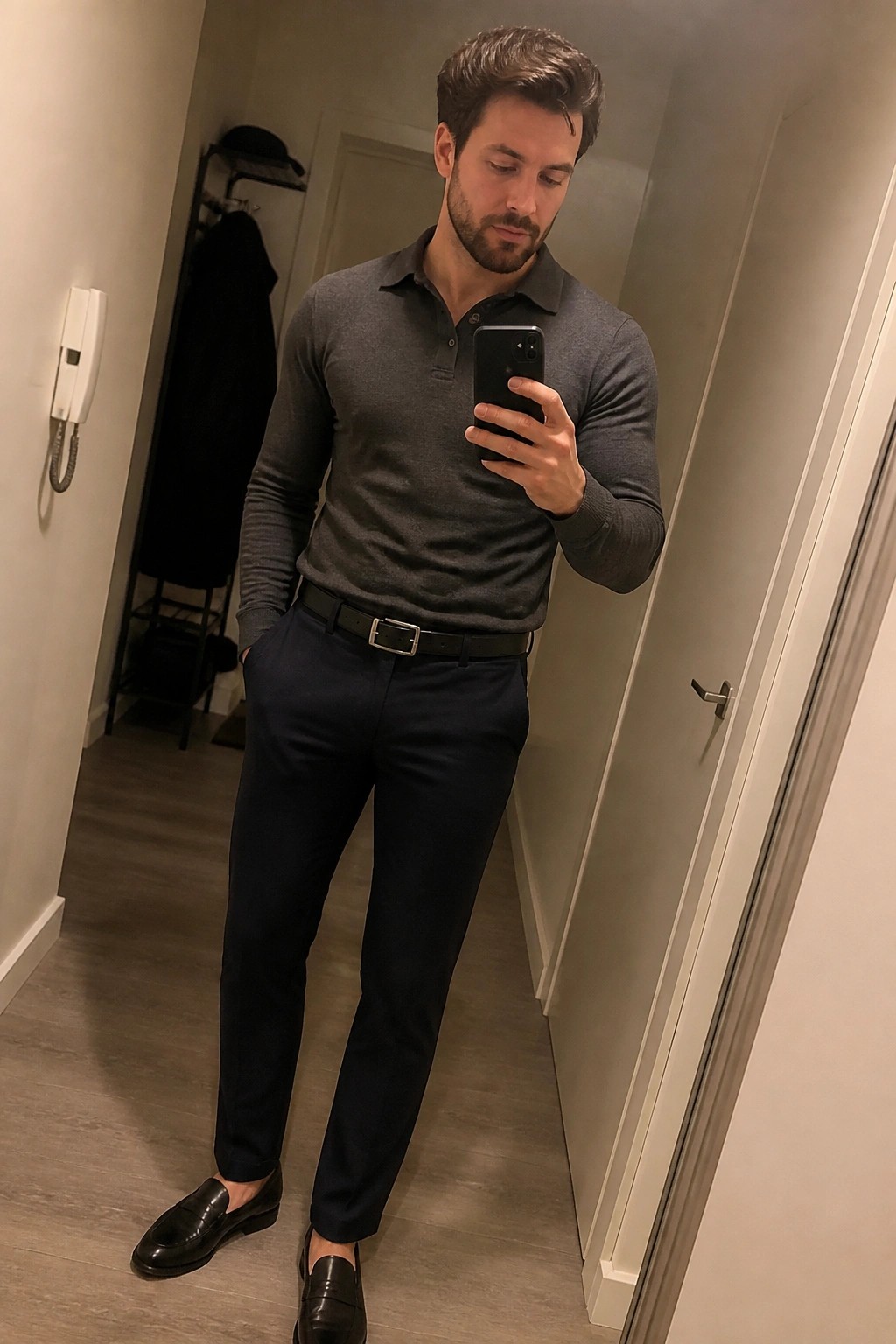 Man in grey long-sleeve polo shirt tucked into navy formal pants with black belt and black loafers taking a mirror selfie.
