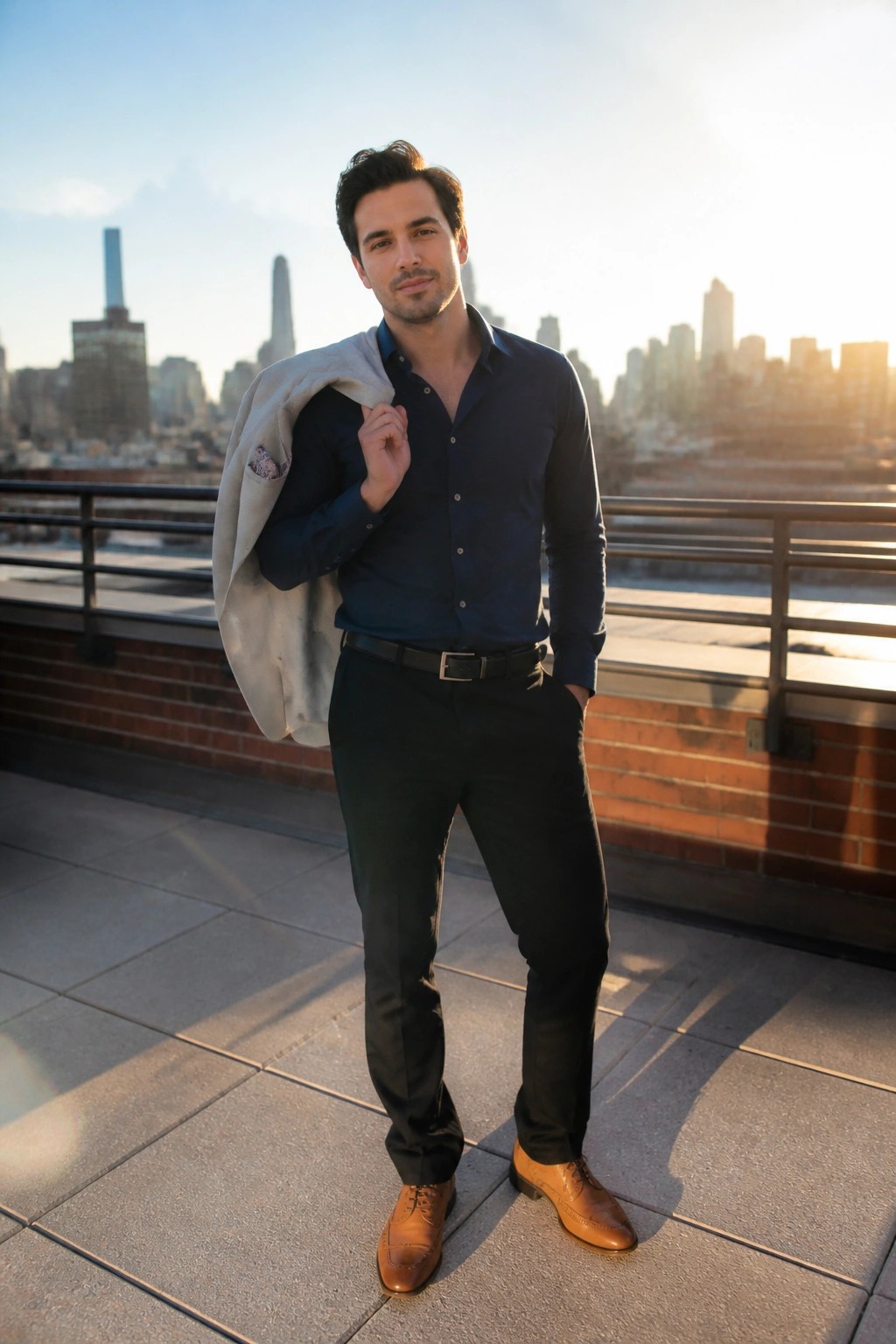 Man in navy shirt holding beige jacket on sunny city rooftop at sunset.