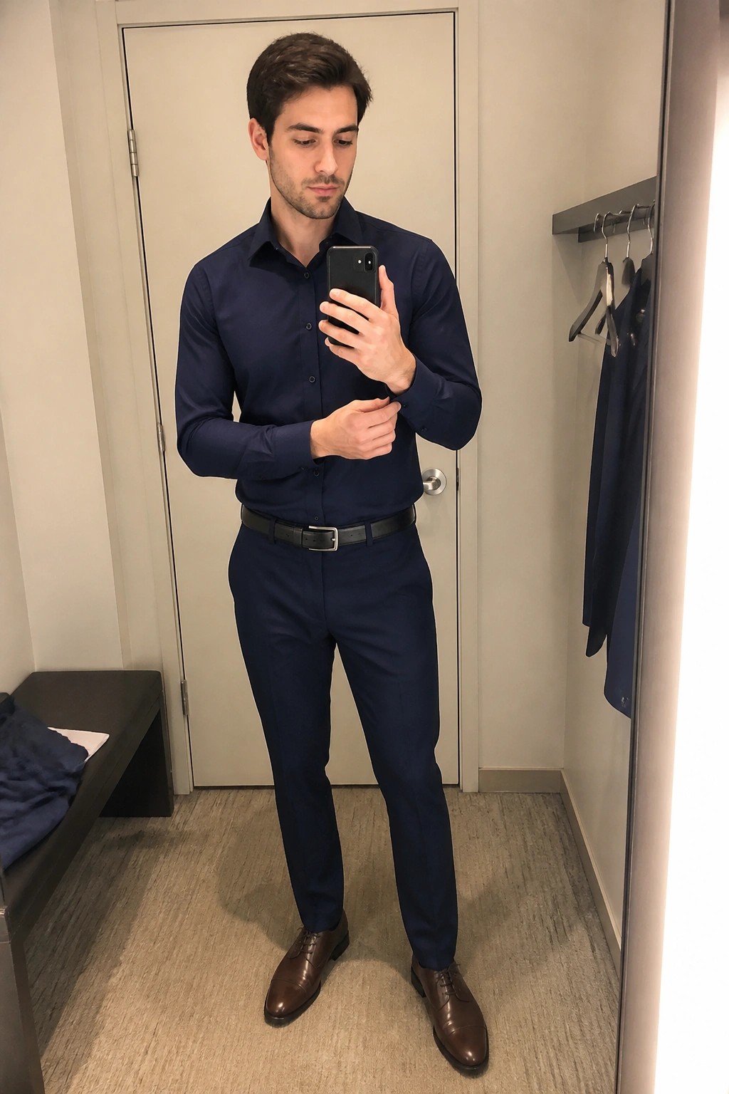 Man in navy suit taking mirror selfie in dressing room