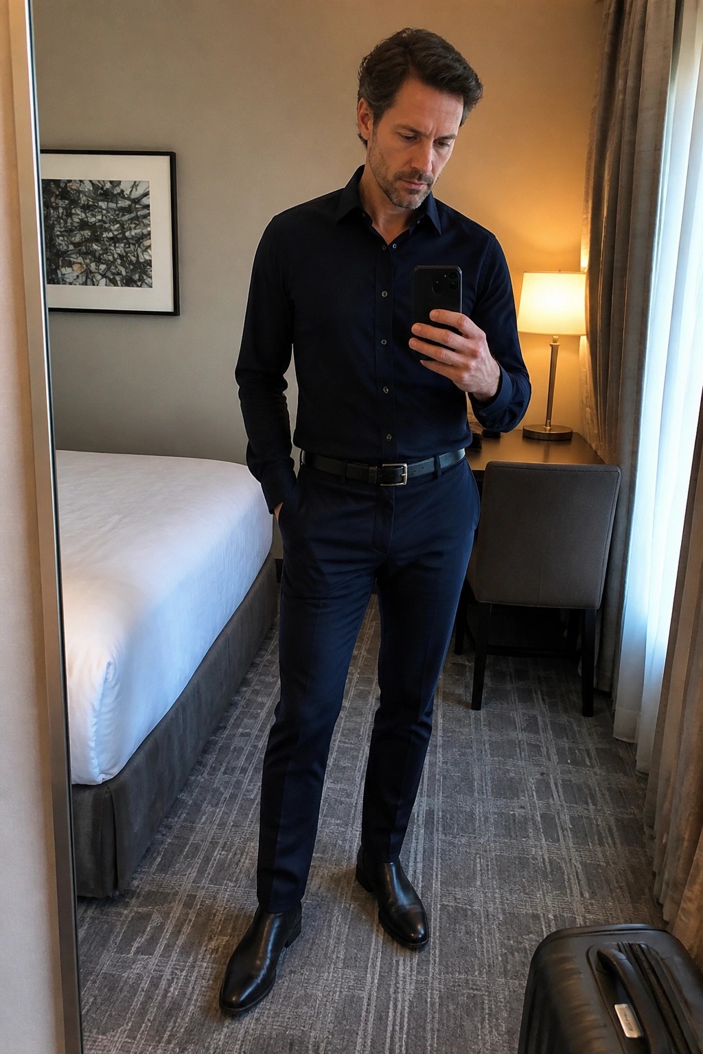 Man in navy shirt and pants taking mirror selfie in hotel room