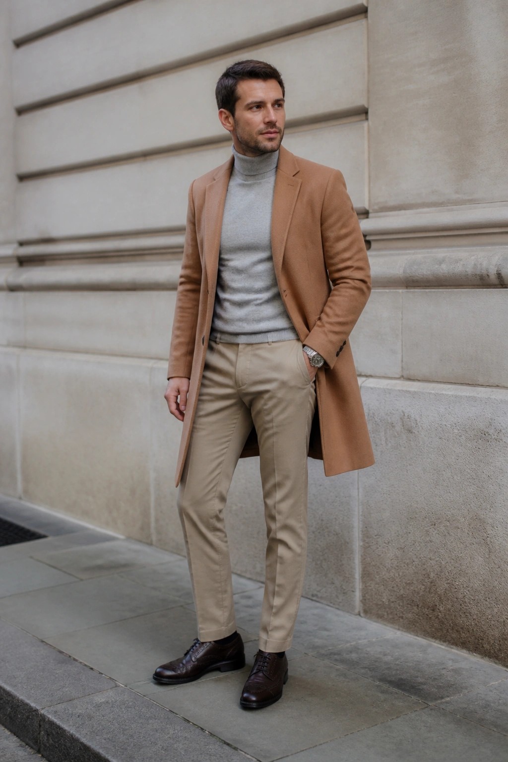 Man in camel overcoat over gray turtleneck with beige pants and brown shoes.