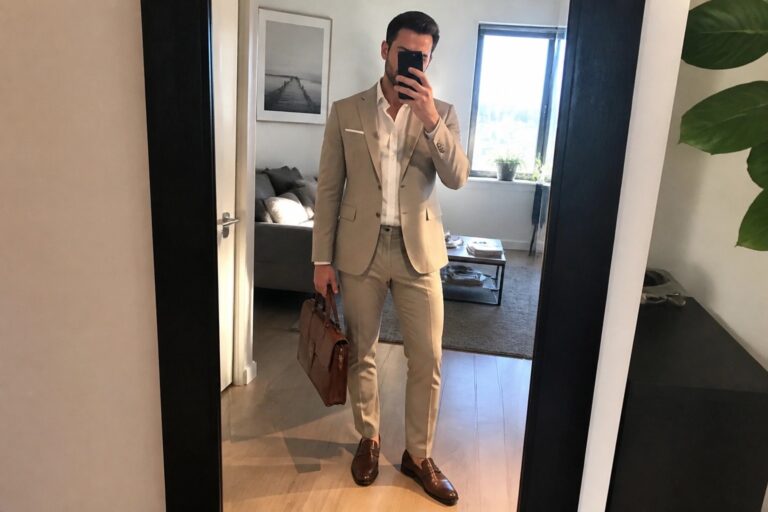 18 Professional Khaki Outfit Ideas for Men for Office Days and Business Meetings Man in beige suit taking mirror selfie with phone and leather briefcase