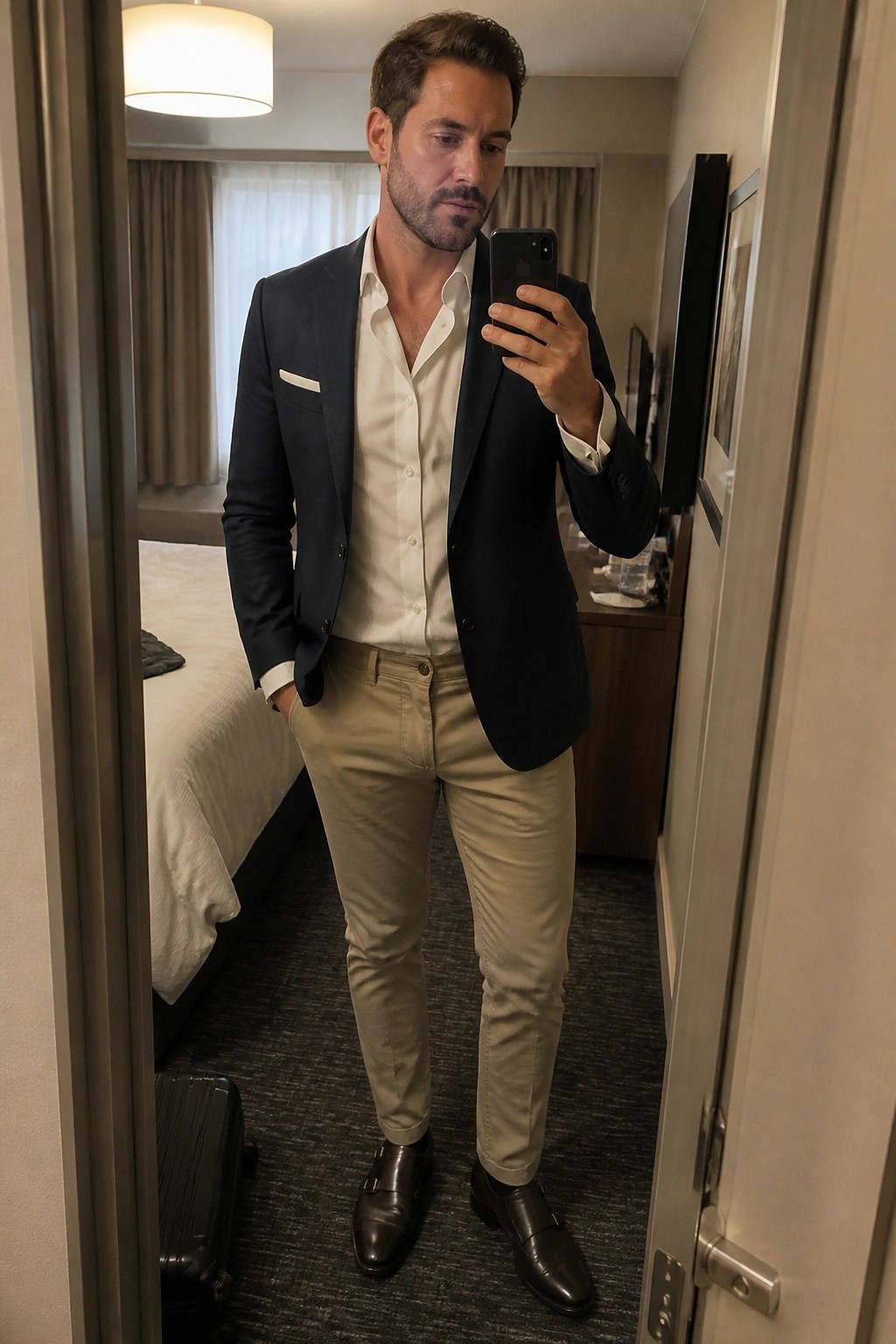 Man in navy blazer, white shirt, and beige pants taking mirror selfie in hotel room